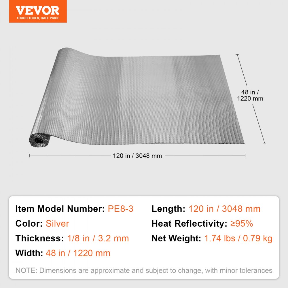VEVOR - Rollo de aislamiento reflectante doble, película de burbujas de aire, barrera radiante, 3,2 mm (122 cm x 3 m), lámina de aluminio de doble cara, protector reflectante de calor, rollo de aislamiento térmico para ventanas y techos de autocaravanas.