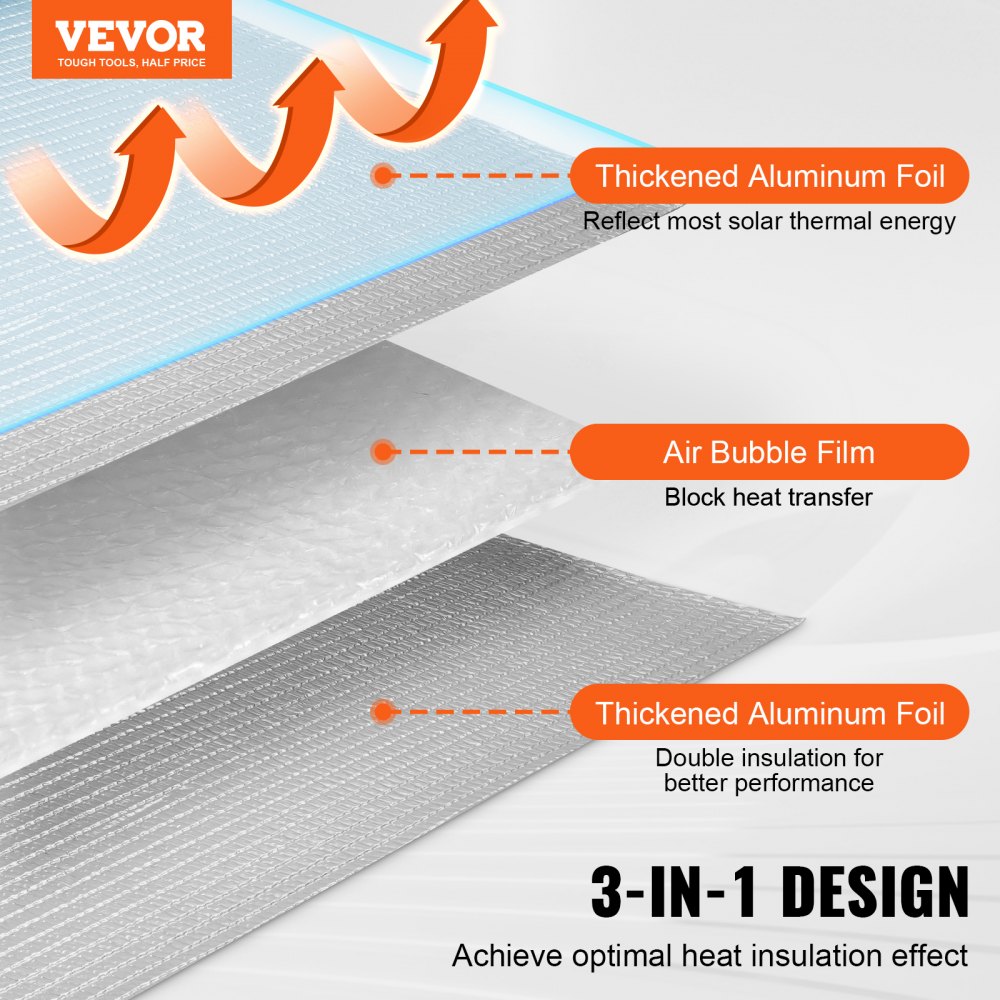 VEVOR - Rollo de aislamiento reflectante doble, película de burbujas de aire, barrera radiante, 3,2 mm (122 cm x 3 m), lámina de aluminio de doble cara, protector reflectante de calor, rollo de aislamiento térmico para ventanas y techos de autocaravanas.