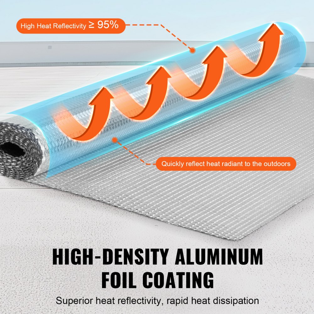 VEVOR - Rollo de aislamiento reflectante doble, película de burbujas de aire, barrera radiante, 3,2 mm (122 cm x 3 m), lámina de aluminio de doble cara, protector reflectante de calor, rollo de aislamiento térmico para ventanas y techos de autocaravanas.