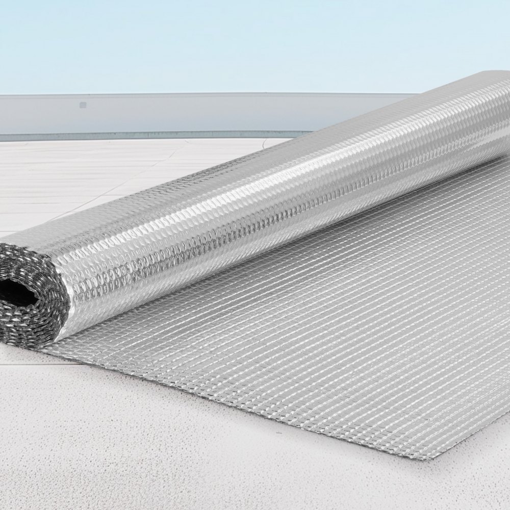 VEVOR - Rollo de aislamiento reflectante doble, película de burbujas de aire, barrera radiante, 3,2 mm (122 cm x 3 m), lámina de aluminio de doble cara, protector reflectante de calor, rollo de aislamiento térmico para ventanas y techos de autocaravanas.