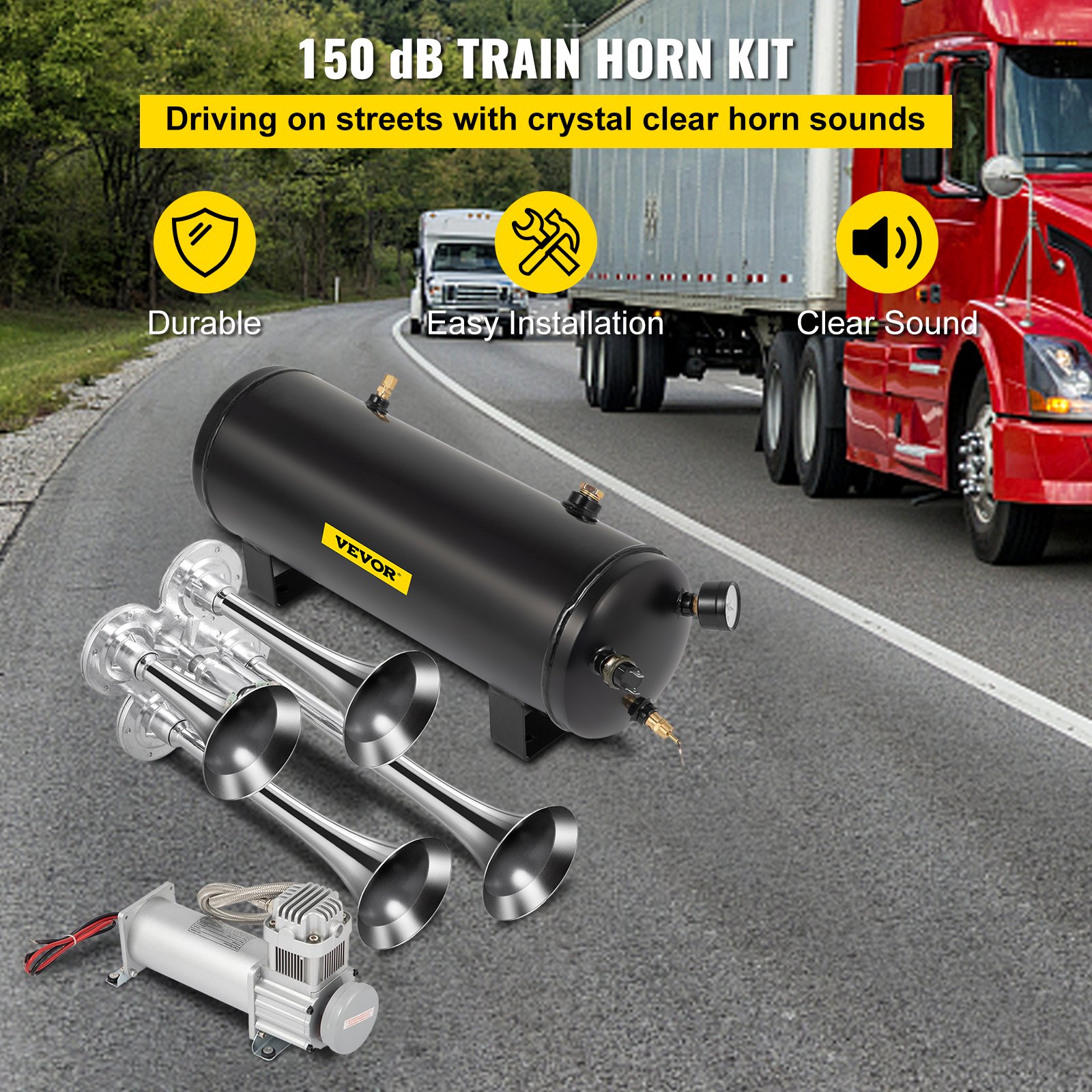 Kit de bocina de tren VEVOR con cuatro trompetas, compresor de aire y tanque negro duradero.