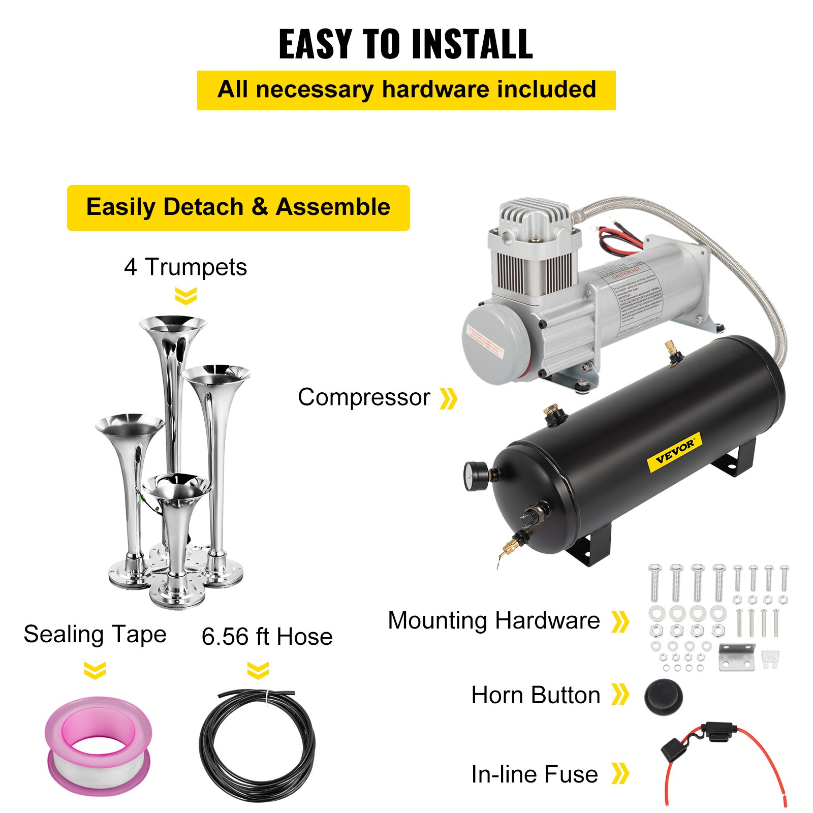 Kit de bocina de tren VEVOR con 4 trompetas, compresor, manguera, cinta de sellado y hardware de montaje.