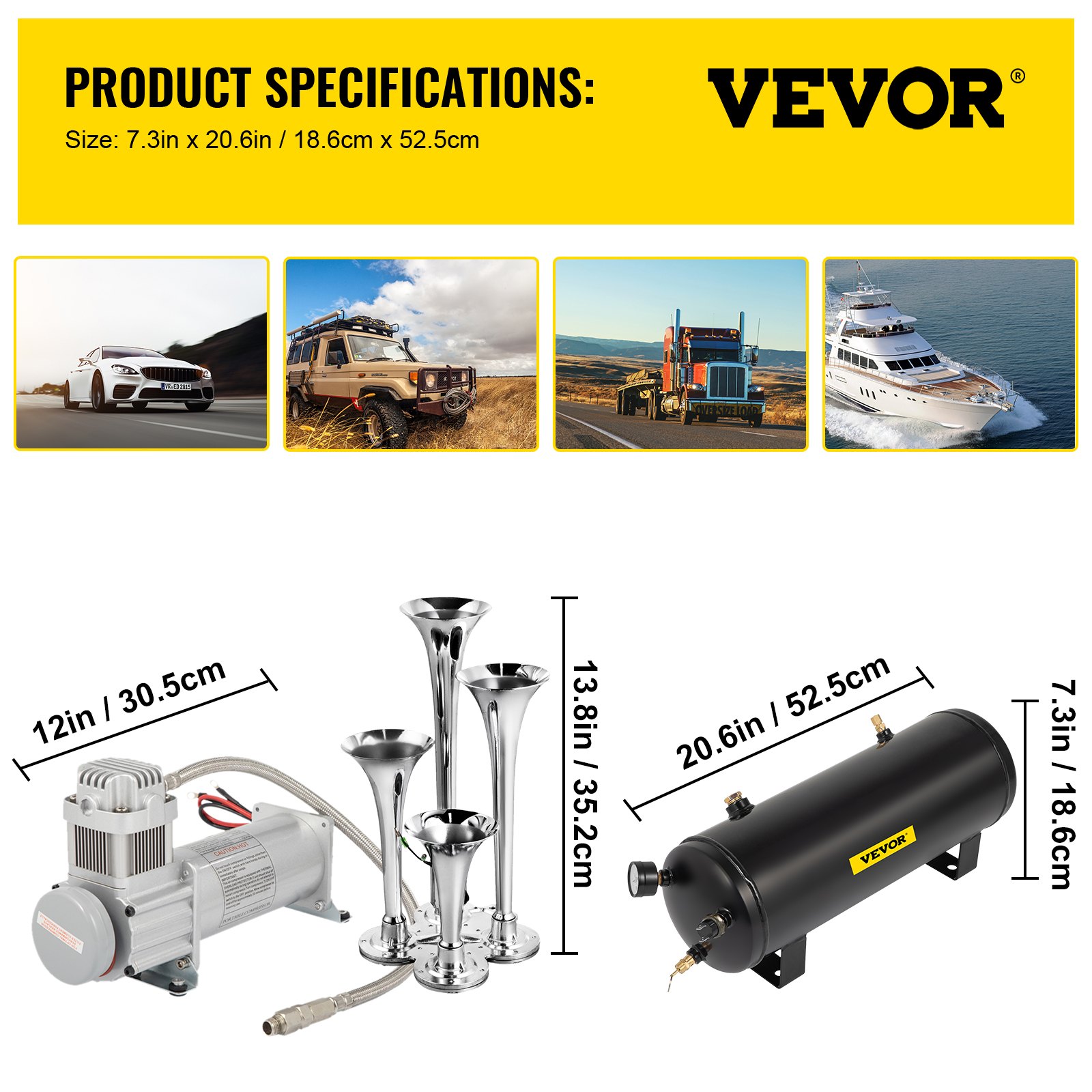 Kit de bocina de tren VEVOR con compresor de aire, tanque y bocinas, dimensiones indicadas.
