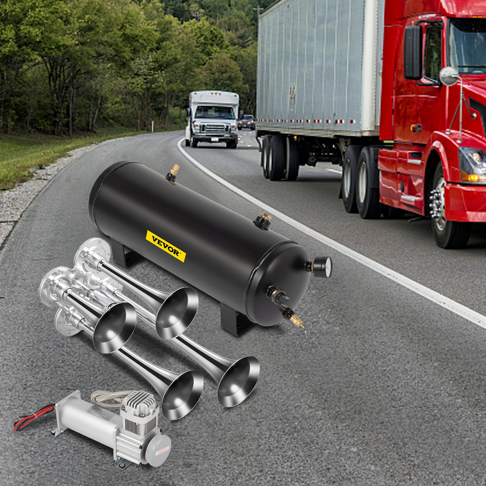 Kit de bocina de tren VEVOR con tanque de aire y compresor en una carretera con camiones.