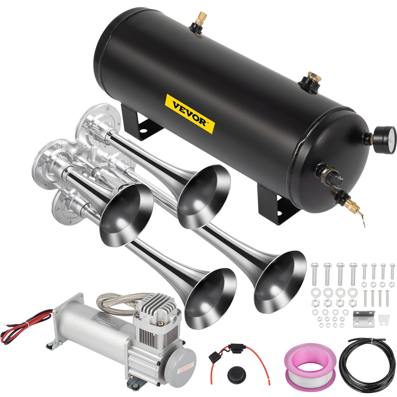 Kit completo de bocina de tren VEVOR con compresor, tanque, bocinas, cableado y hardware de montaje.