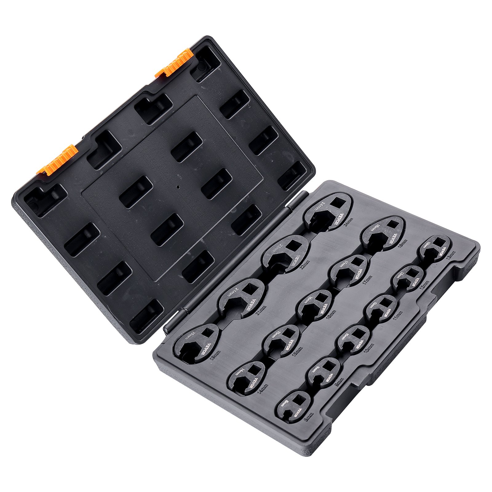 VEVOR Juego de llaves de pie de cuervo, accionamiento de 1/2" y 3/8" Juego de llaves de pie de cuervo de 15 piezas con estuche de almacenamiento de PP, métrico 8-24 mm, acero CRMO y acabado de fosfato de manganeso, para mantenimiento y reparaciones mecánicas