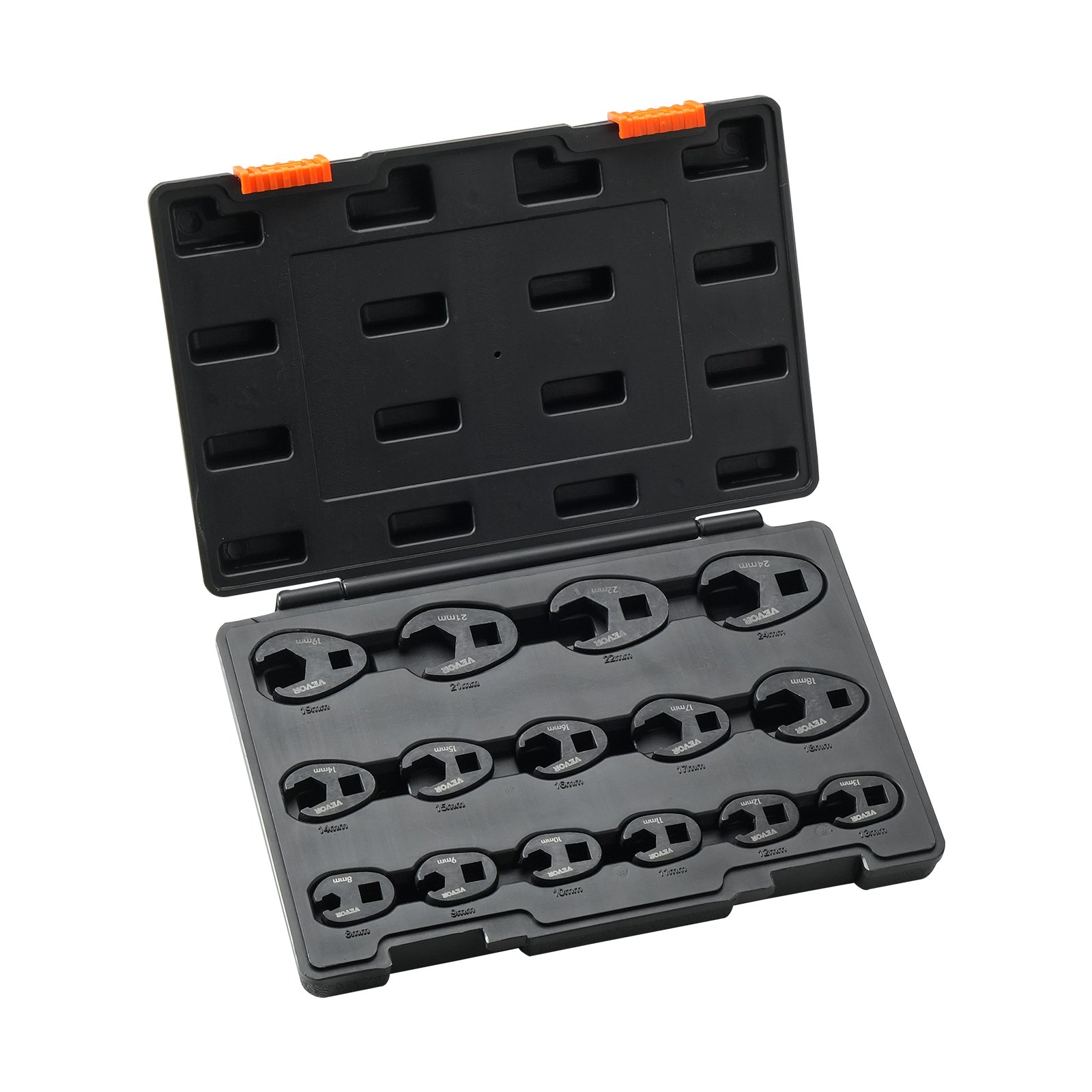 VEVOR Juego de llaves de pie de cuervo, accionamiento de 1/2" y 3/8" Juego de llaves de pie de cuervo de 15 piezas con estuche de almacenamiento de PP, métrico 8-24 mm, acero CRMO y acabado de fosfato de manganeso, para mantenimiento y reparaciones mecánicas