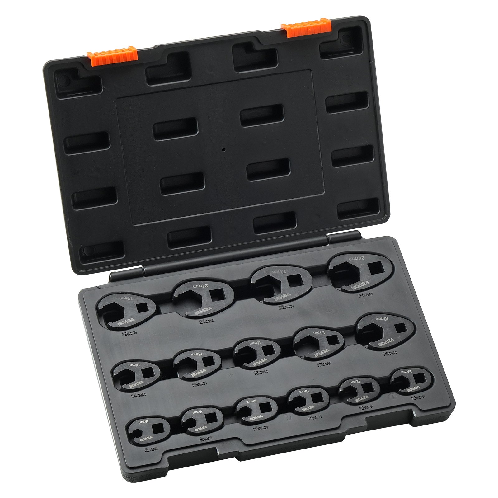 VEVOR Juego de llaves de pie de cuervo, accionamiento de 1/2" y 3/8" Juego de llaves de pie de cuervo de 15 piezas con estuche de almacenamiento de PP, métrico 8-24 mm, acero CRMO y acabado de fosfato de manganeso, para mantenimiento y reparaciones mecánicas