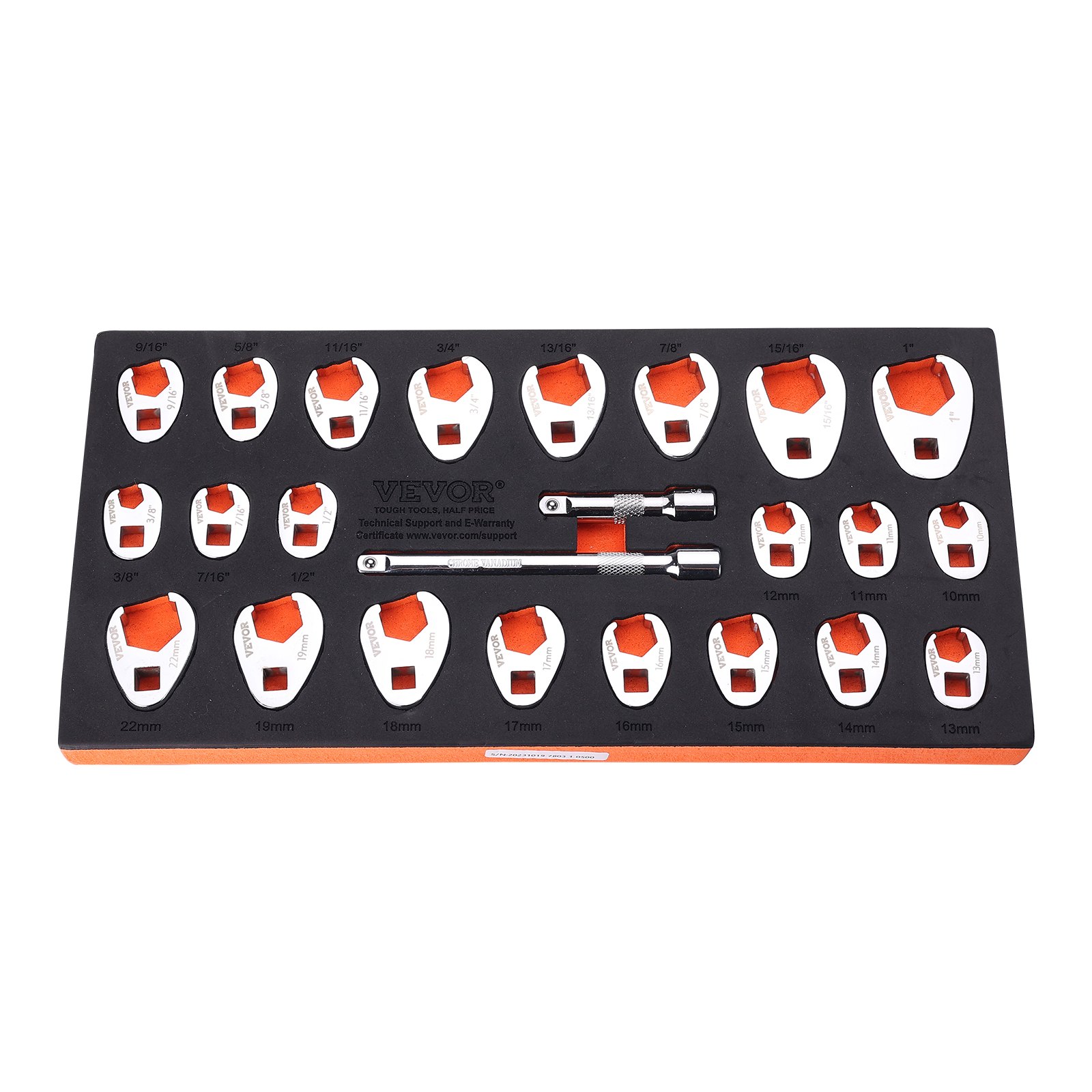 VEVOR Juego de llaves de pata de gallo con accionamiento de 3/8" con 2 barras de extensión, juego de llaves de pata de gallo de 24 piezas, SAE 3/8"-1" y métrico de 10-22 mm, juego de llaves de pata de gallo de acero CR-MO con organizador de herramientas EVA