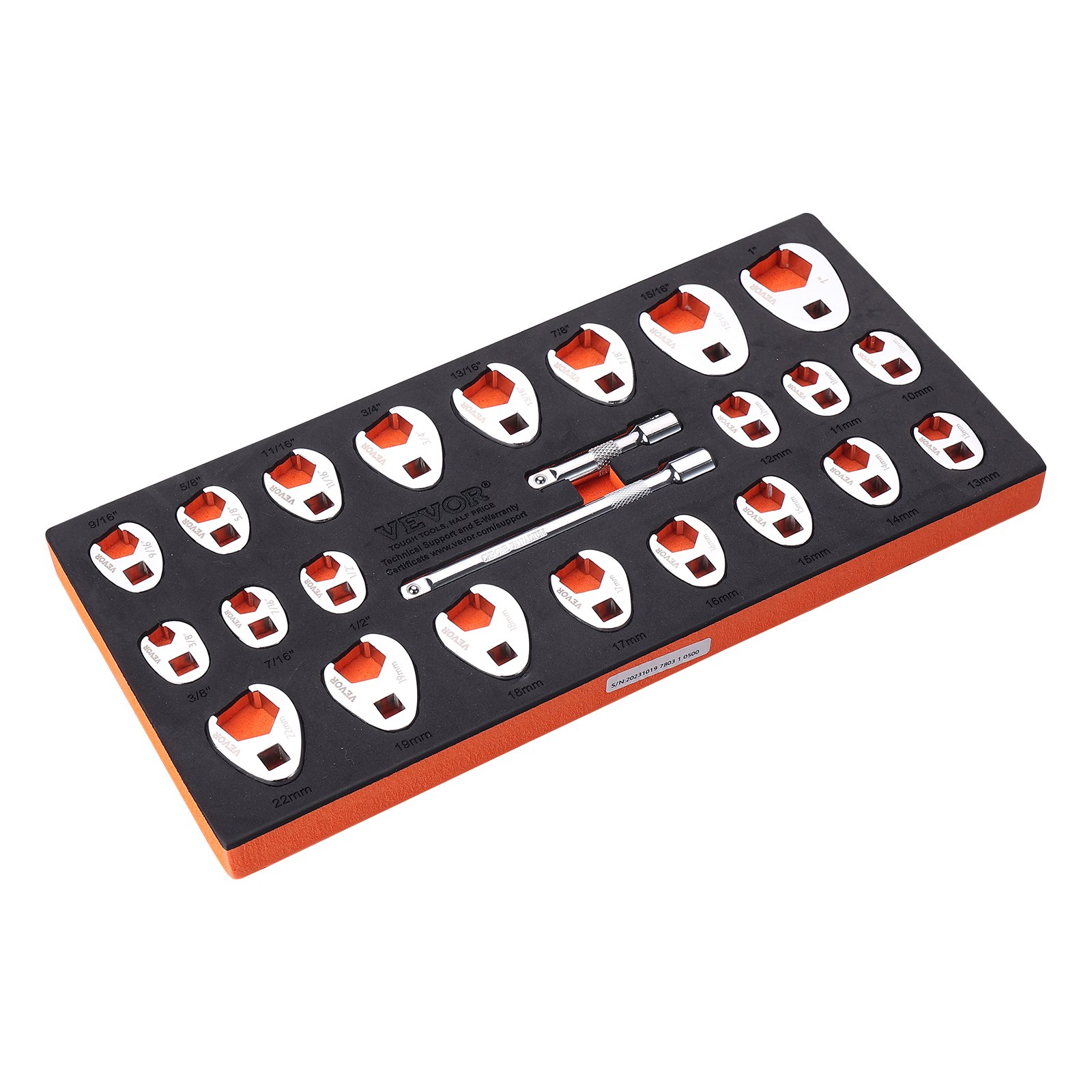 VEVOR Juego de llaves de pata de gallo con accionamiento de 3/8" con 2 barras de extensión, juego de llaves de pata de gallo de 24 piezas, SAE 3/8"-1" y métrico de 10-22 mm, juego de llaves de pata de gallo de acero CR-MO con organizador de herramientas EVA