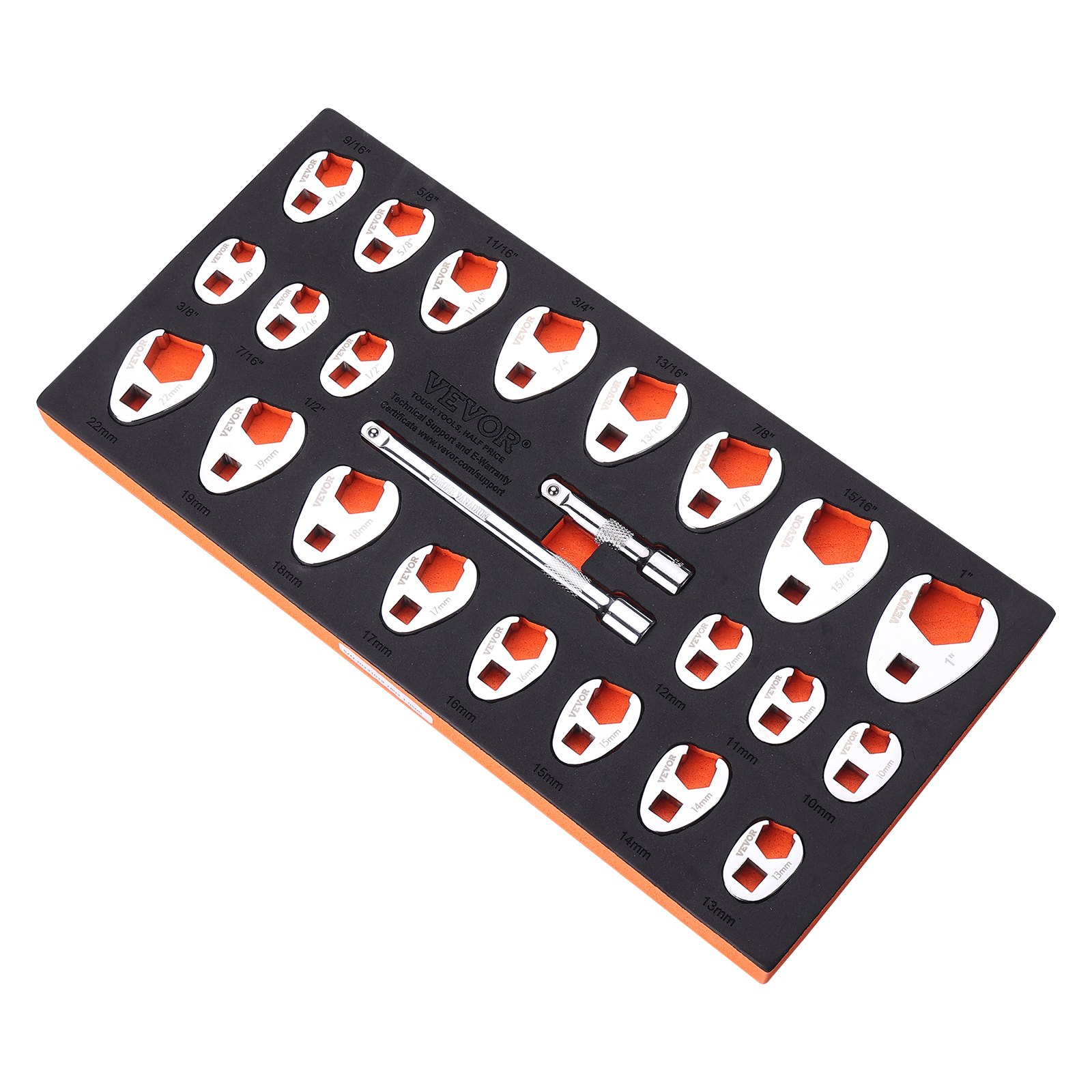 VEVOR Juego de llaves de pata de gallo con accionamiento de 3/8" con 2 barras de extensión, juego de llaves de pata de gallo de 24 piezas, SAE 3/8"-1" y métrico de 10-22 mm, juego de llaves de pata de gallo de acero CR-MO con organizador de herramientas EVA
