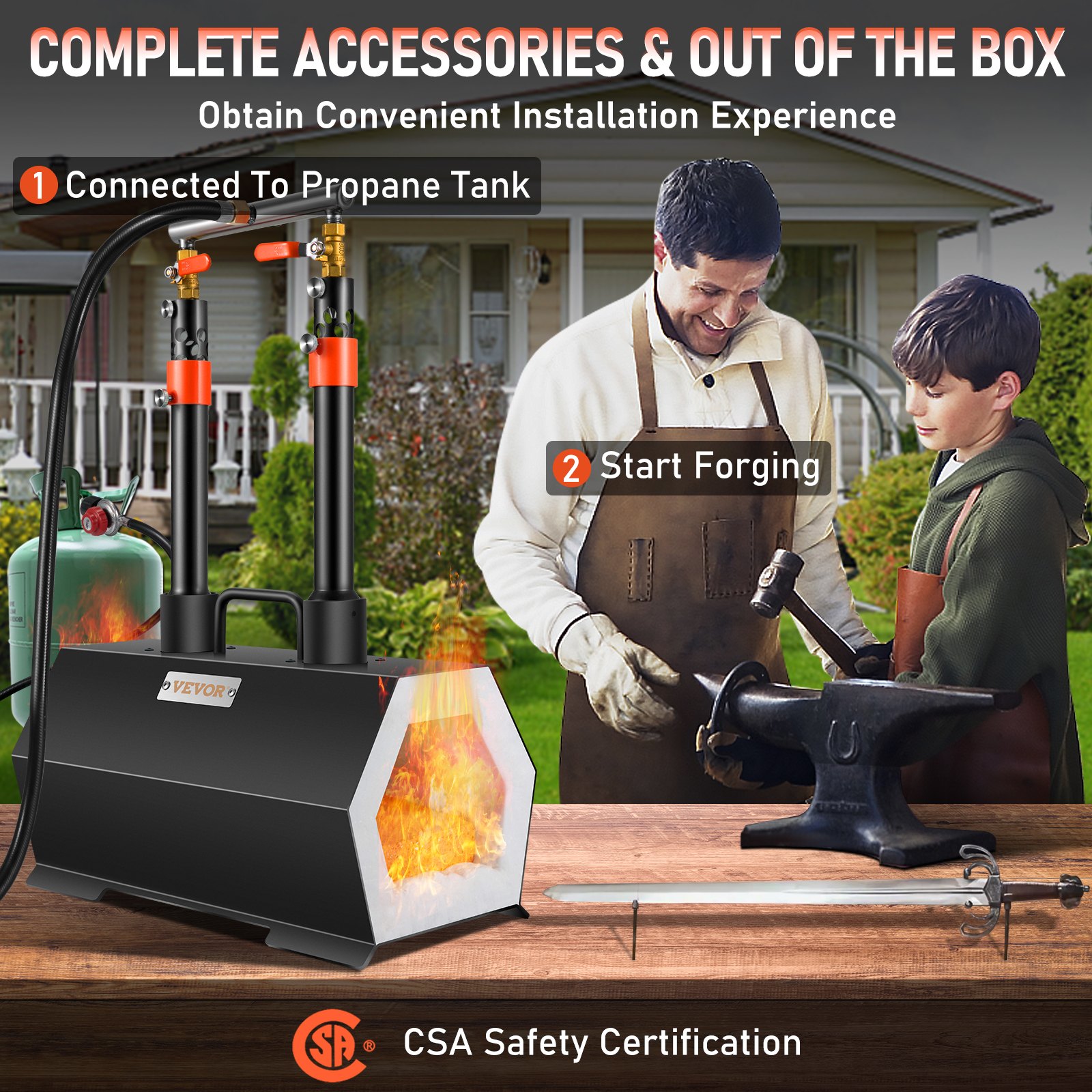 VEVOR Forja de propano portátil, herramienta de doble quemador y fabricación de cuchillos, forjas de herrero de gran capacidad, mini horno de herrería, herramientas y equipos de forja de gas, kit completo