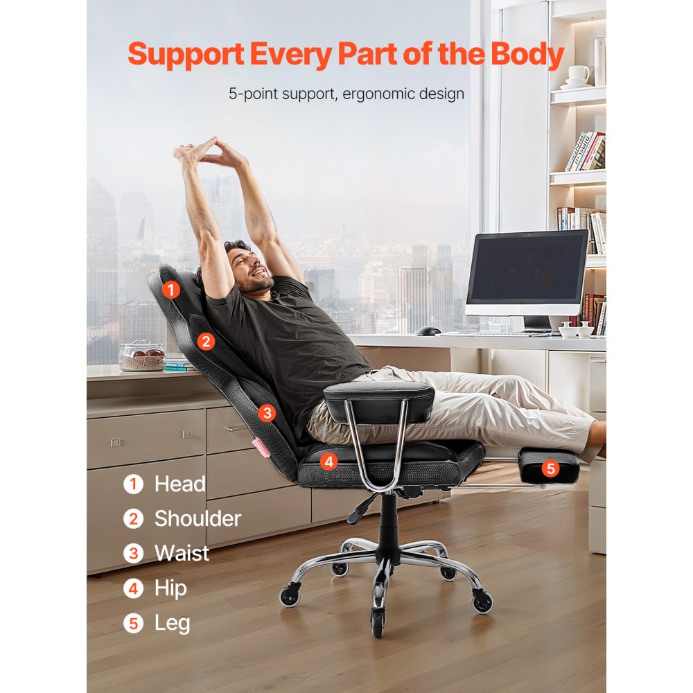 VEVOR Silla de Ejecutiva de Oficina con Respaldo Alto Reposapiés Silla de Escritorio Ergonómica con Cojín de Espuma de Alta Resiliencia Silla Giratoria de Cuero PU para Trabajar, Estudiar, Negro