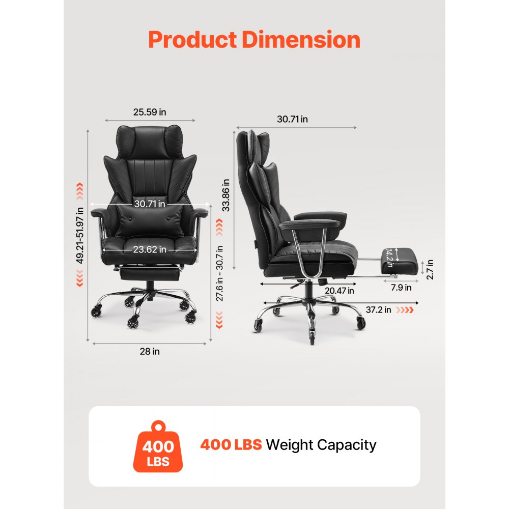 VEVOR Silla de Ejecutiva de Oficina con Respaldo Alto Reposapiés Silla de Escritorio Ergonómica con Cojín de Espuma de Alta Resiliencia Silla Giratoria de Cuero PU para Trabajar, Estudiar, Negro