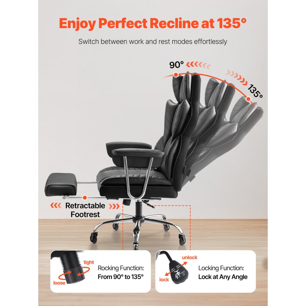 VEVOR Silla de Ejecutiva de Oficina con Respaldo Alto Reposapiés Silla de Escritorio Ergonómica con Cojín de Espuma de Alta Resiliencia Silla Giratoria de Cuero PU para Trabajar, Estudiar, Negro