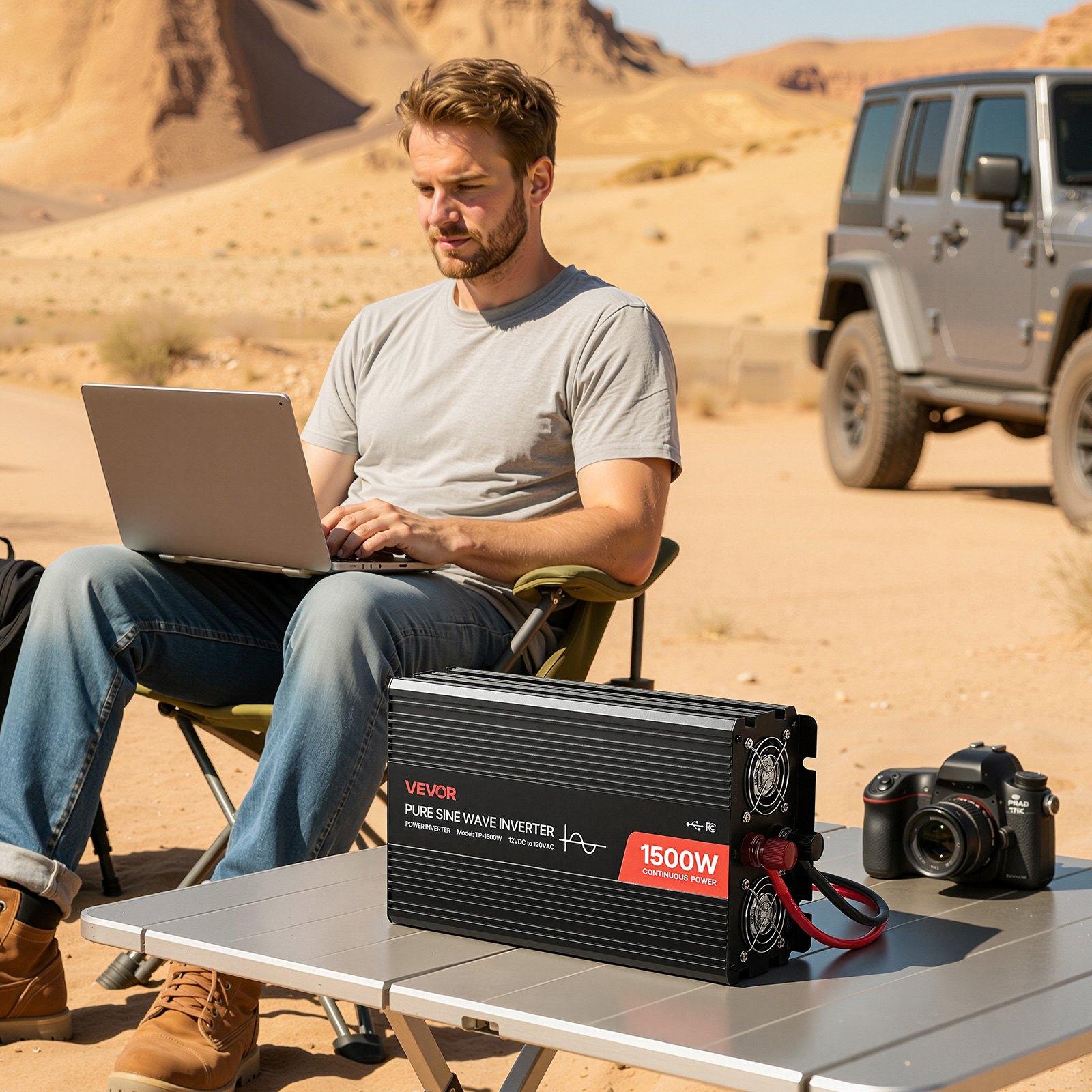 Inversor de corriente VEVOR de 1500 W, inversor de onda sinusoidal pura de 12 V CC a 120 V CA, convertidor de cargador para coche con control remoto, puertos USB y tipo C, 4 salidas de CA, carga rápida para autocaravanas, camiones y camping al aire libre.