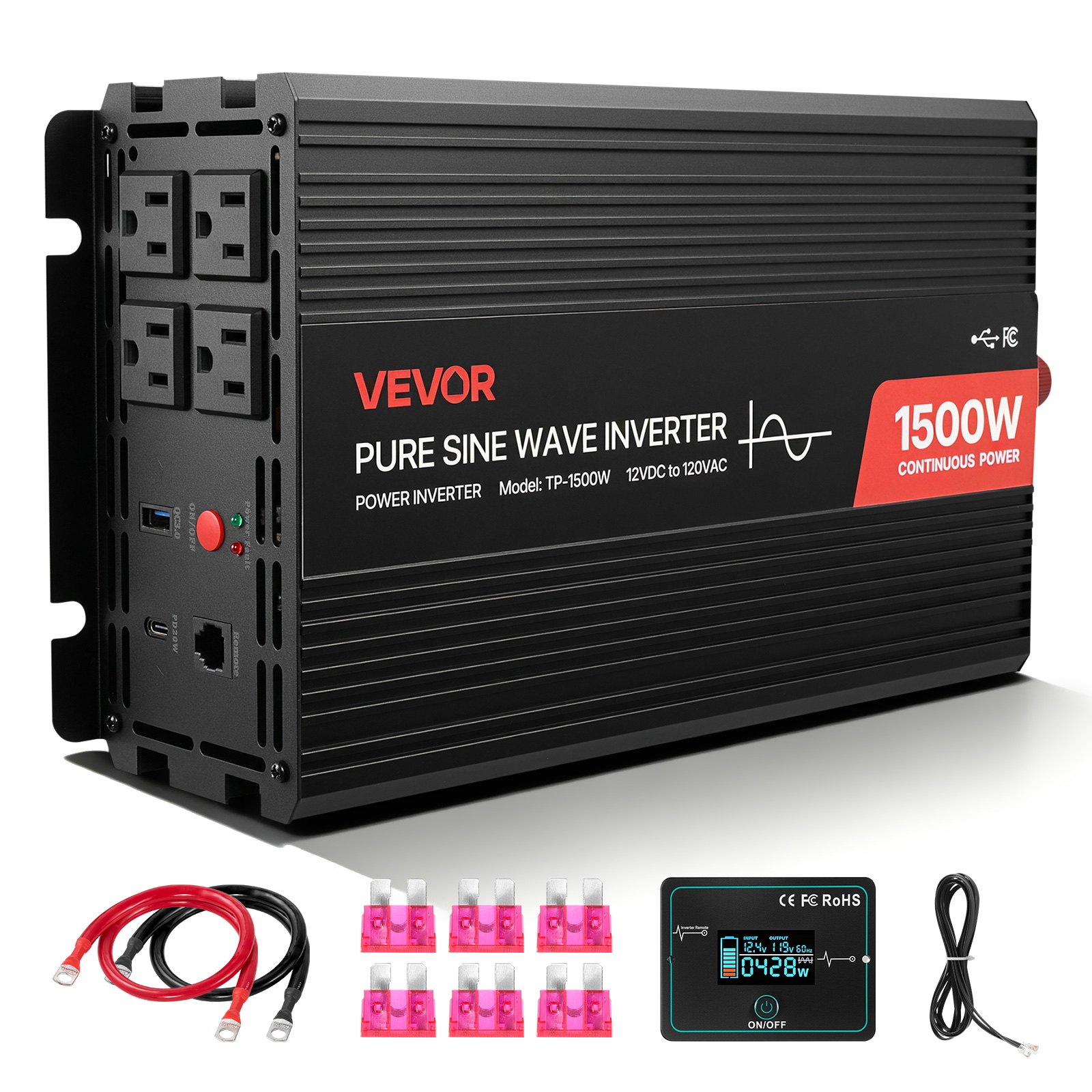 Inversor de corriente VEVOR de 1500 W, inversor de onda sinusoidal pura de 12 V CC a 120 V CA, convertidor de cargador para coche con control remoto, puertos USB y tipo C, 4 salidas de CA, carga rápida para autocaravanas, camiones y camping al aire libre.