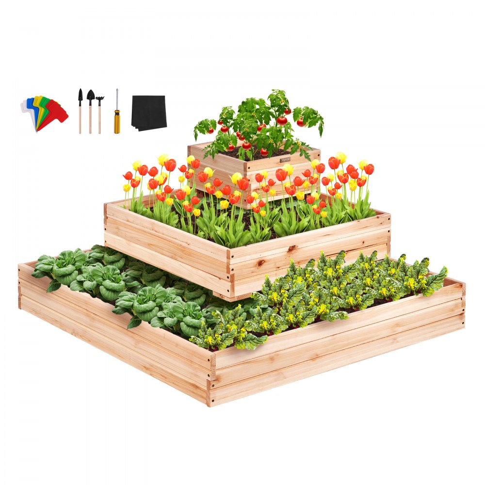 VEVOR Cama de Jardín Elevada, Macetero de Madera de 3,7 x 3,7 x 1,7 pies, Cajas de Plantación para Exteriores con Base Abierta, para Cultivar Flores/Verduras/Hierbas en Patio Trasero/Jardín/Patio/Balc