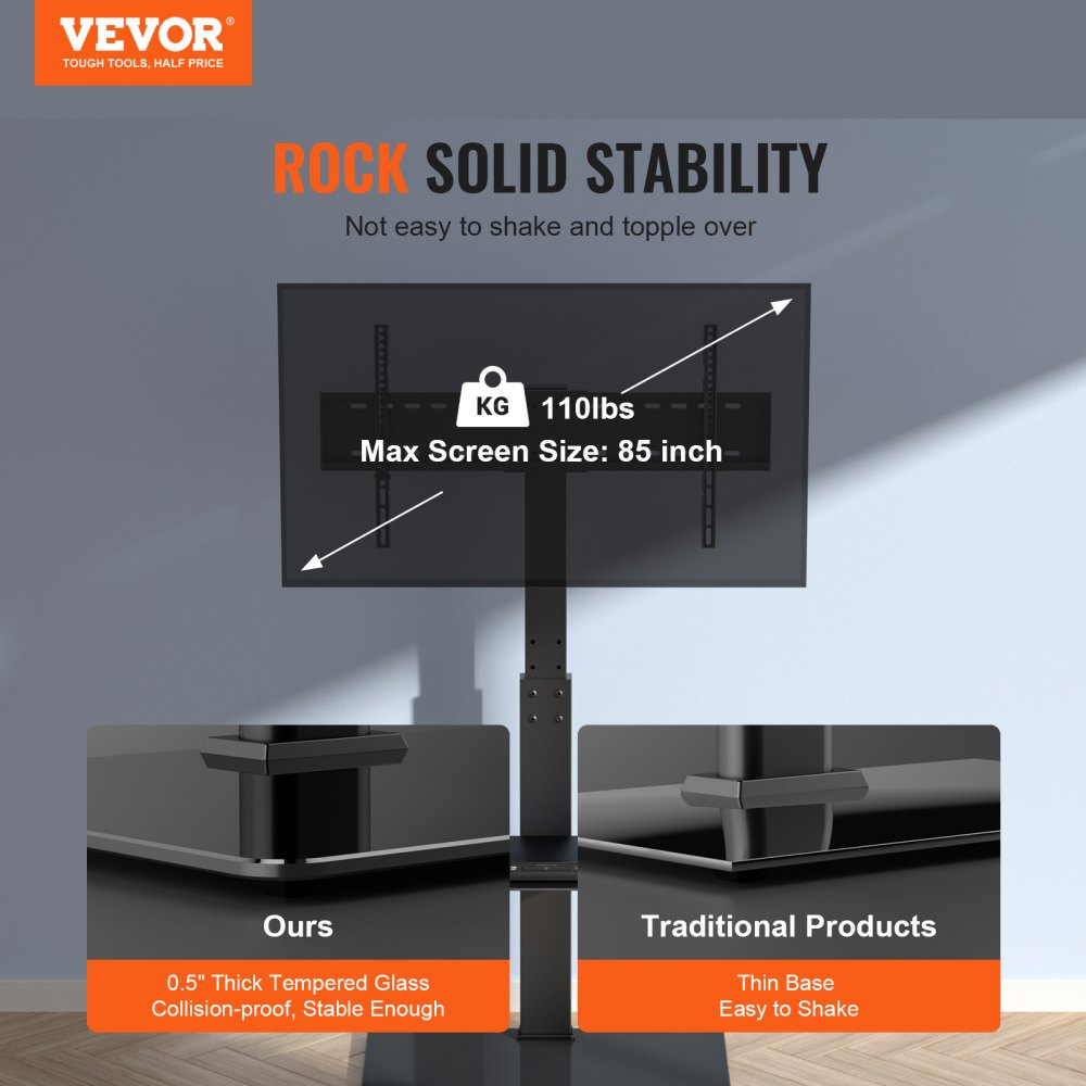 Soporte para TV VEVOR, soporte giratorio alto para televisores de 32 a 85 pulgadas, soporte de suelo portátil ajustable en altura con base de vidrio templado para dormitorio y sala de estar.