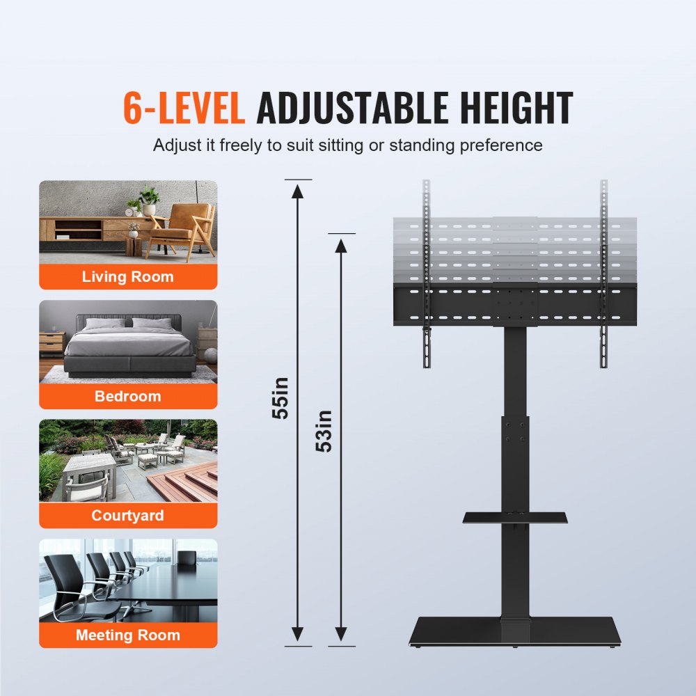 Soporte para TV VEVOR, soporte giratorio alto para televisores de 32 a 85 pulgadas, soporte de suelo portátil ajustable en altura con base de vidrio templado para dormitorio y sala de estar.
