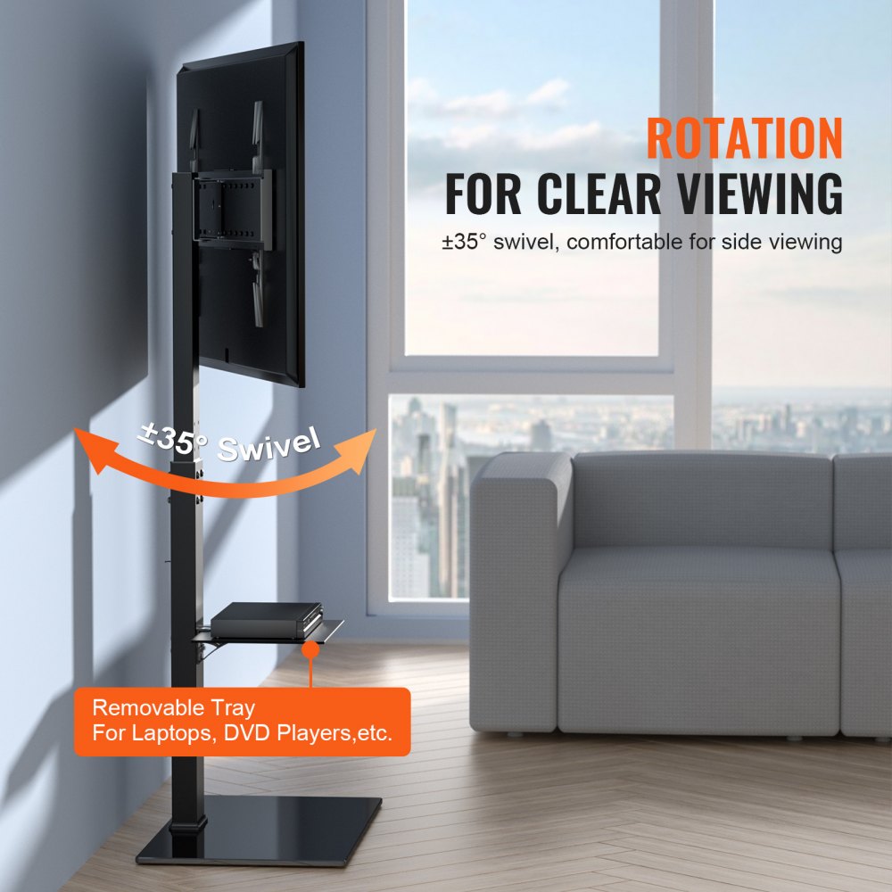 Soporte para TV VEVOR, soporte giratorio alto para televisores de 32 a 85 pulgadas, soporte de suelo portátil ajustable en altura con base de vidrio templado para dormitorio y sala de estar.
