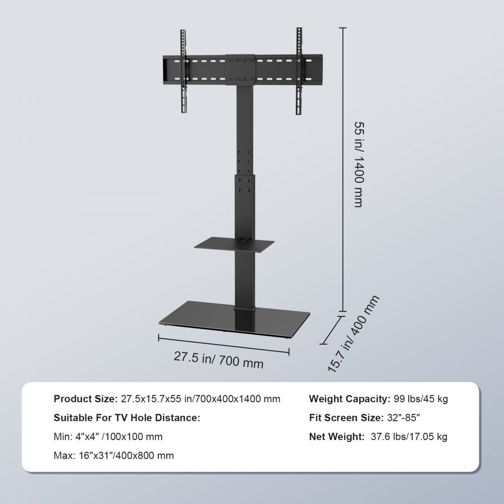 Soporte para TV VEVOR, soporte giratorio alto para televisores de 32 a 85 pulgadas, soporte de suelo portátil ajustable en altura con base de vidrio templado para dormitorio y sala de estar.