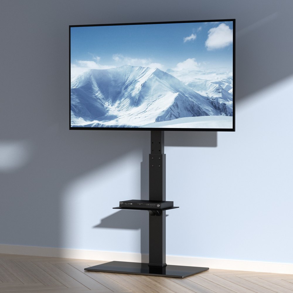 Soporte para TV VEVOR, soporte giratorio alto para televisores de 32 a 85 pulgadas, soporte de suelo portátil ajustable en altura con base de vidrio templado para dormitorio y sala de estar.