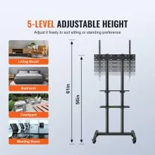 VEVOR Soporte para TV móvil, carrito de TV móvil para televisores de 32 a 70 pulgadas, soporte para TV portátil ajustable en altura con ruedas, bandeja doble para dispositivos audiovisuales, soporte para TV rodante con soporte para dormitorio, sala de estar