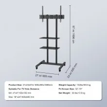 VEVOR Soporte para TV móvil, carrito de TV móvil para televisores de 32 a 70 pulgadas, soporte para TV portátil ajustable en altura con ruedas, bandeja doble para dispositivos audiovisuales, soporte para TV rodante con soporte para dormitorio, sala de estar
