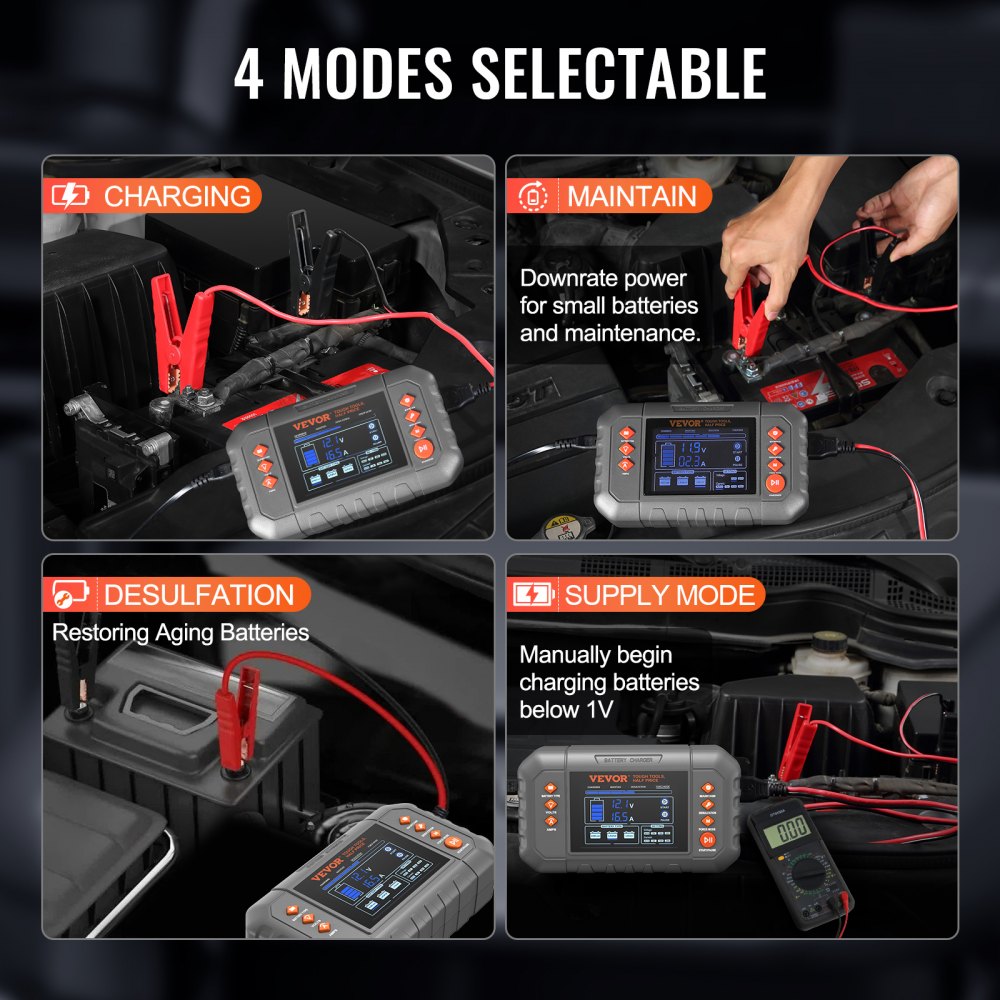 Cargador de batería inteligente VEVOR de 20 A para coche, de litio LiFePO4, plomo-ácido (AGM/Gel/SLA), con pantalla LCD, cargador de mantenimiento y desulfatador para barcos, motocicletas y cortacéspedes de ciclo profundo.