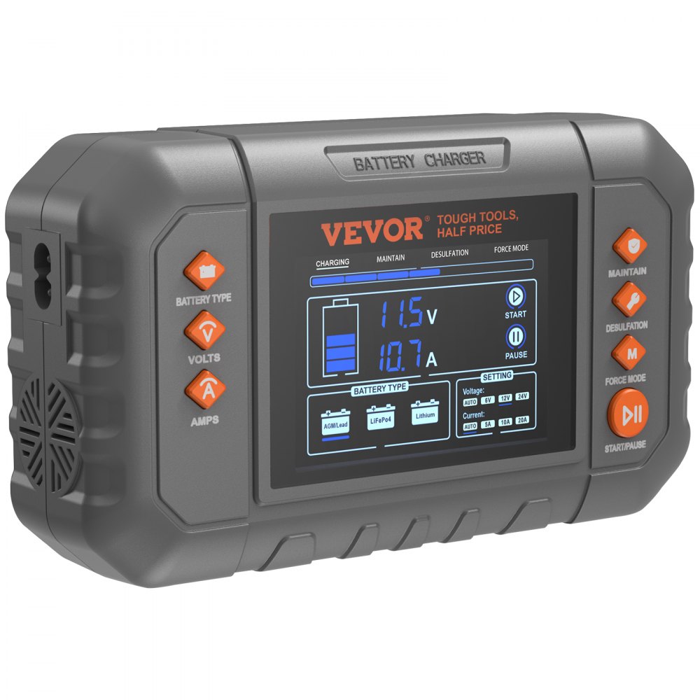 Cargador de batería inteligente VEVOR de 20 A para coche, de litio LiFePO4, plomo-ácido (AGM/Gel/SLA), con pantalla LCD, cargador de mantenimiento y desulfatador para barcos, motocicletas y cortacéspedes de ciclo profundo.