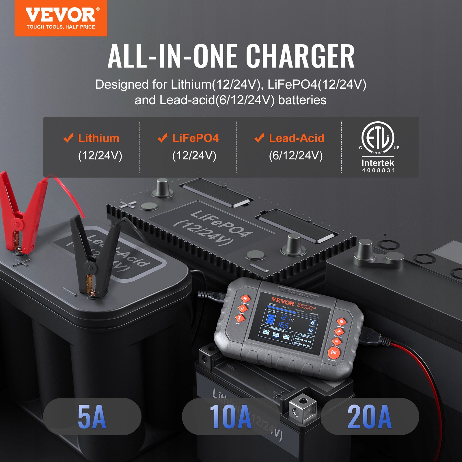 Cargador de batería inteligente VEVOR de 20 A para coche, de litio LiFePO4, plomo-ácido (AGM/Gel/SLA), con pantalla LCD, cargador de mantenimiento y desulfatador para barcos, motocicletas y cortacéspedes de ciclo profundo.