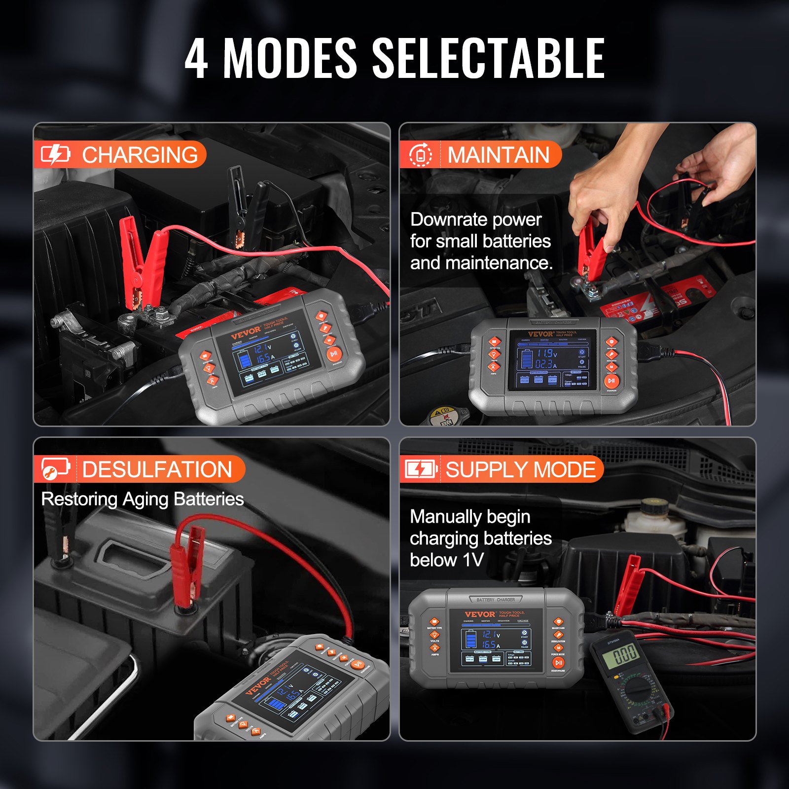 Cargador de batería inteligente VEVOR de 20 A para coche, de litio LiFePO4, plomo-ácido (AGM/Gel/SLA), con pantalla LCD, cargador de mantenimiento y desulfatador para barcos, motocicletas y cortacéspedes de ciclo profundo.