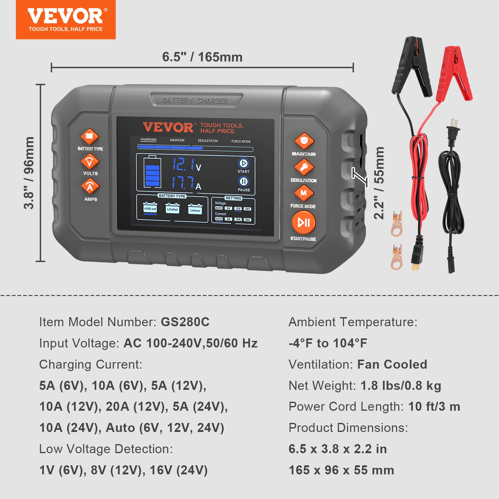 Cargador de batería inteligente VEVOR de 20 A para coche, de litio LiFePO4, plomo-ácido (AGM/Gel/SLA), con pantalla LCD, cargador de mantenimiento y desulfatador para barcos, motocicletas y cortacéspedes de ciclo profundo.