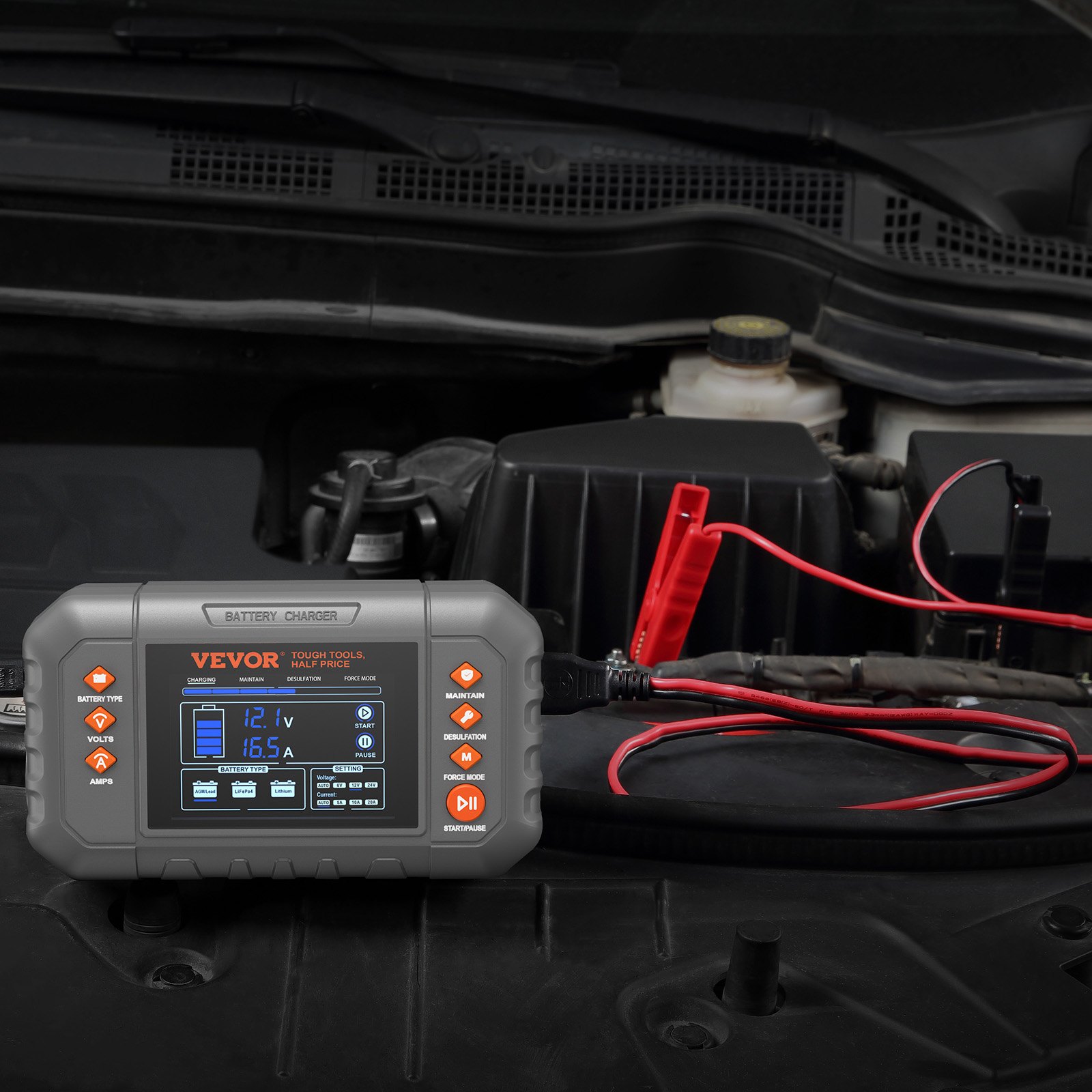 Cargador de batería inteligente VEVOR de 20 A para coche, de litio LiFePO4, plomo-ácido (AGM/Gel/SLA), con pantalla LCD, cargador de mantenimiento y desulfatador para barcos, motocicletas y cortacéspedes de ciclo profundo.
