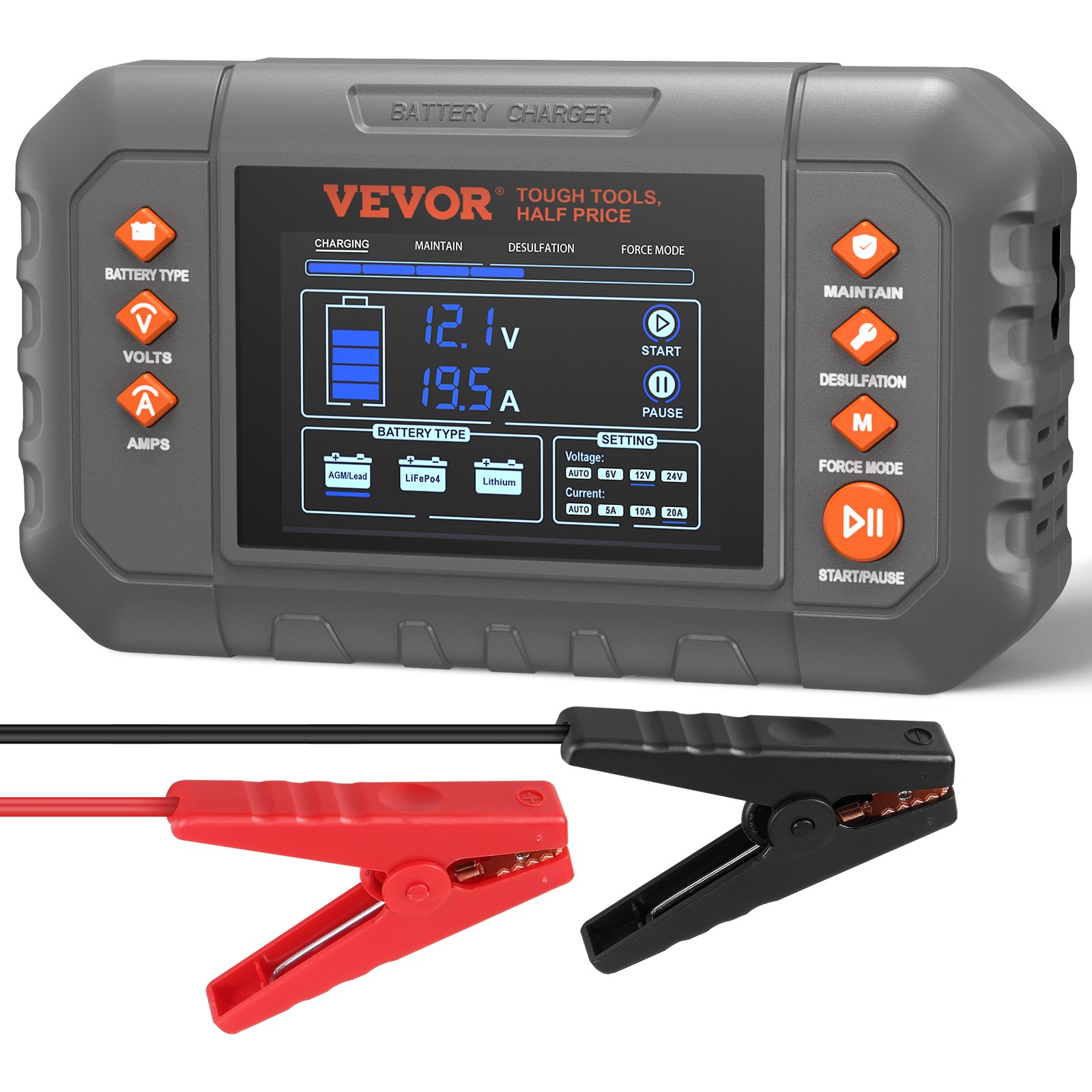 Cargador de batería inteligente VEVOR de 20 A para coche, de litio LiFePO4, plomo-ácido (AGM/Gel/SLA), con pantalla LCD, cargador de mantenimiento y desulfatador para barcos, motocicletas y cortacéspedes de ciclo profundo.