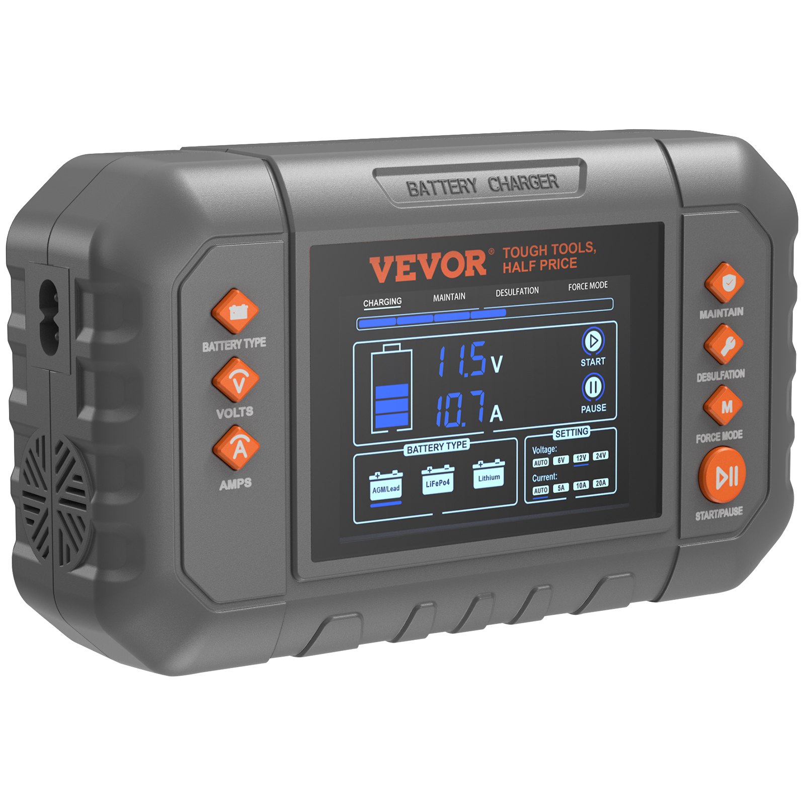 Cargador de batería inteligente VEVOR de 20 A para coche, de litio LiFePO4, plomo-ácido (AGM/Gel/SLA), con pantalla LCD, cargador de mantenimiento y desulfatador para barcos, motocicletas y cortacéspedes de ciclo profundo.