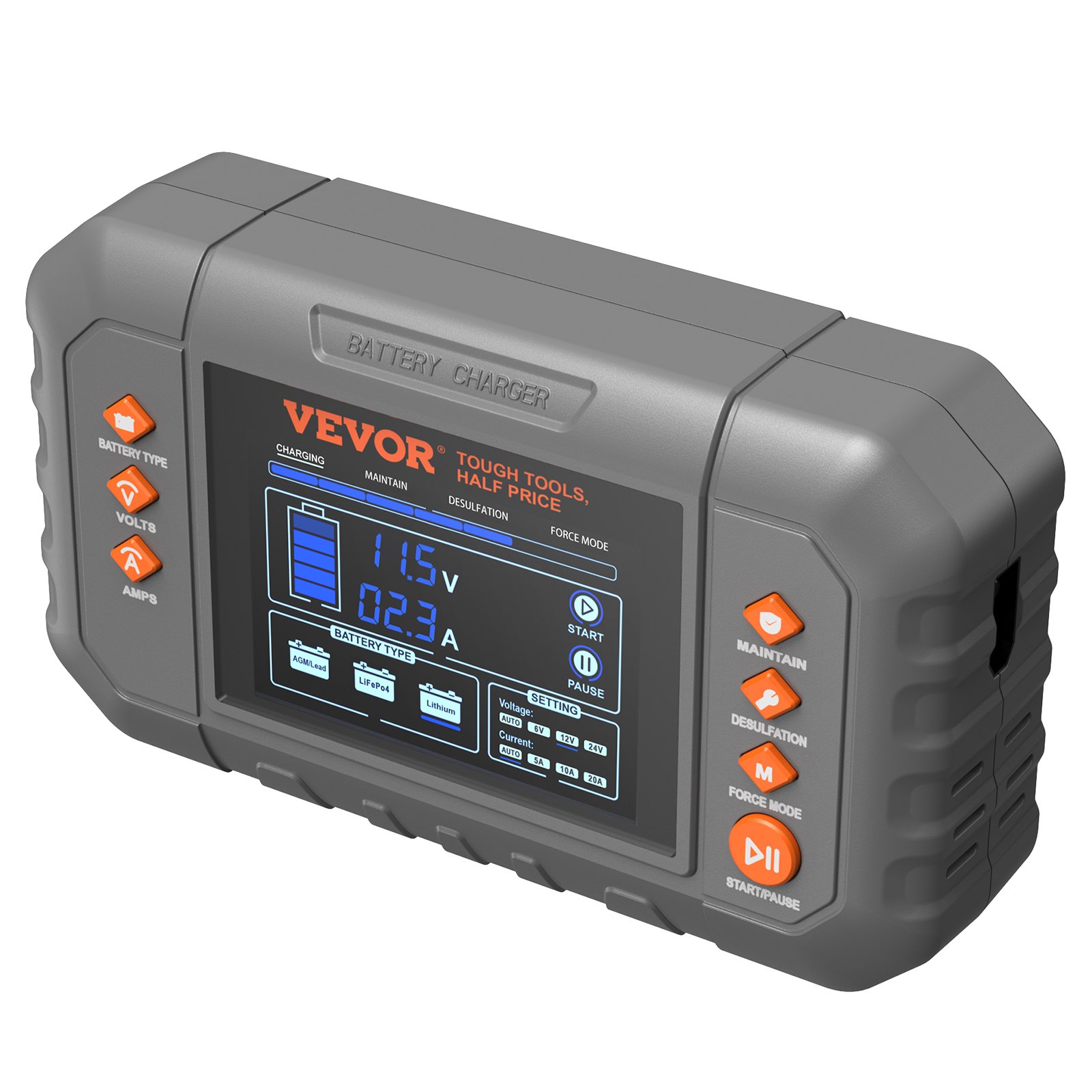 Cargador de batería inteligente VEVOR de 20 A para coche, de litio LiFePO4, plomo-ácido (AGM/Gel/SLA), con pantalla LCD, cargador de mantenimiento y desulfatador para barcos, motocicletas y cortacéspedes de ciclo profundo.