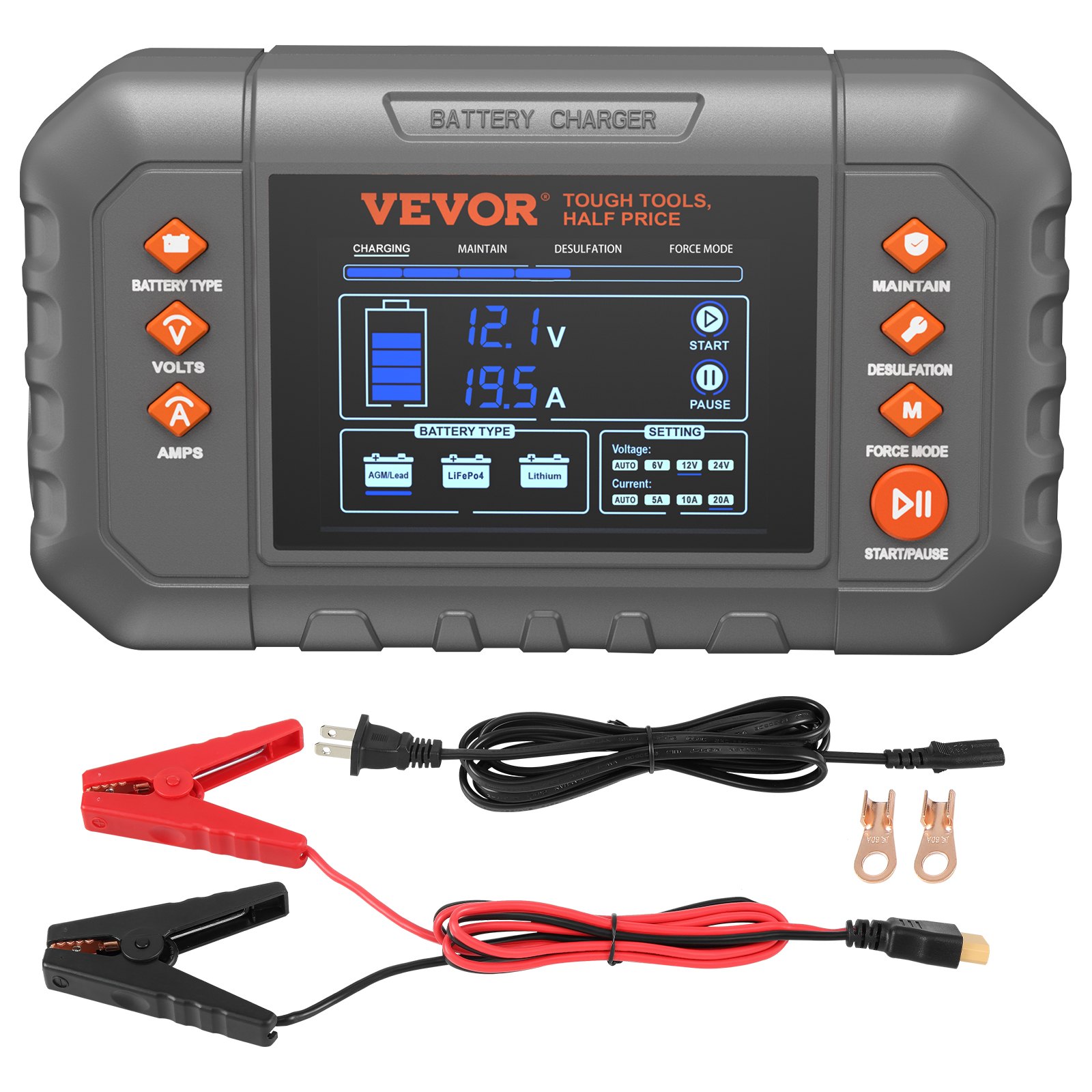Cargador de batería inteligente VEVOR de 20 A para coche, de litio LiFePO4, plomo-ácido (AGM/Gel/SLA), con pantalla LCD, cargador de mantenimiento y desulfatador para barcos, motocicletas y cortacéspedes de ciclo profundo.