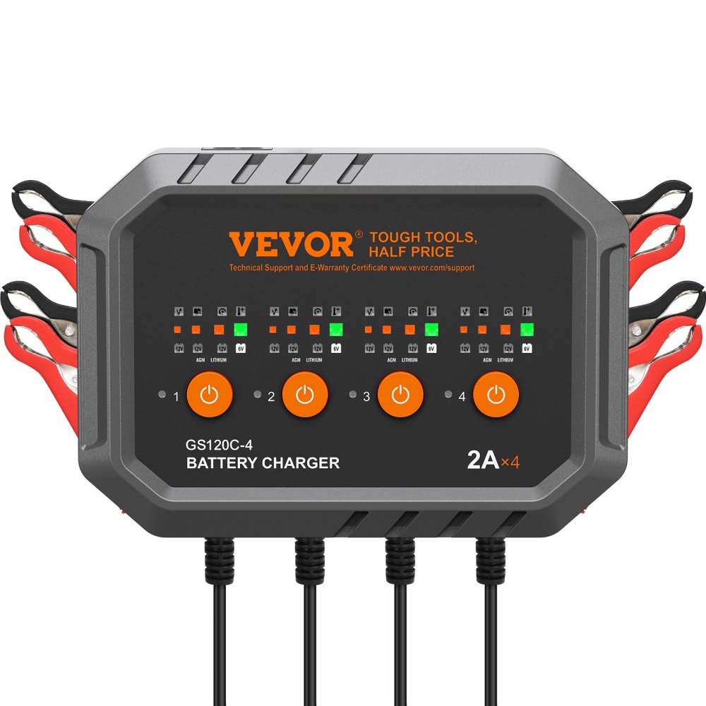 Cargador de batería inteligente VEVOR con pinzas, indicadores LED y cuatro puertos de carga.