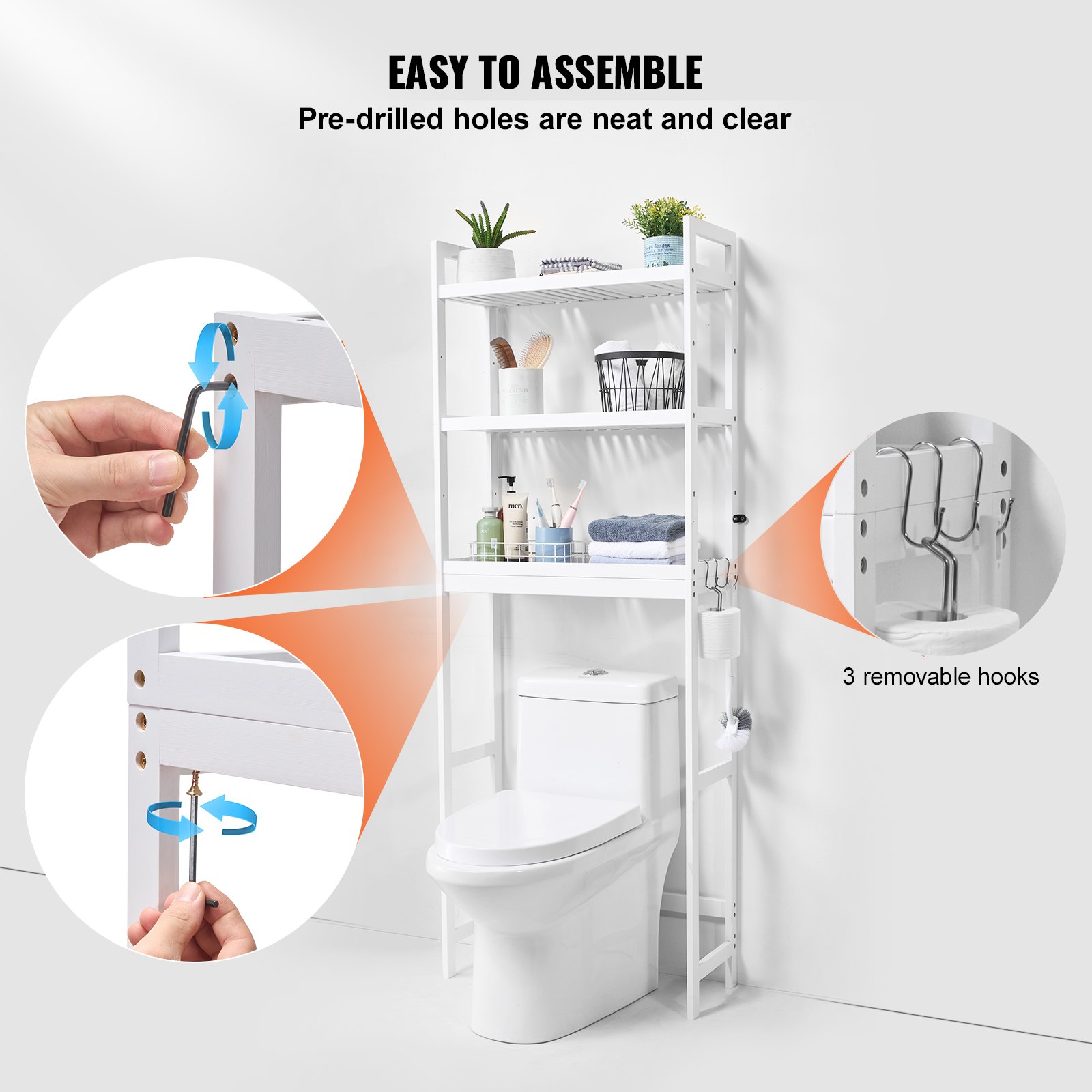 VEVOR - Estantería de almacenamiento para inodoro, organizador de baño ajustable de 3 niveles, de bambú con 3 ganchos, fácil de montar, ahorra espacio para la colada, se adapta a la mayoría de inodoros, color blanco