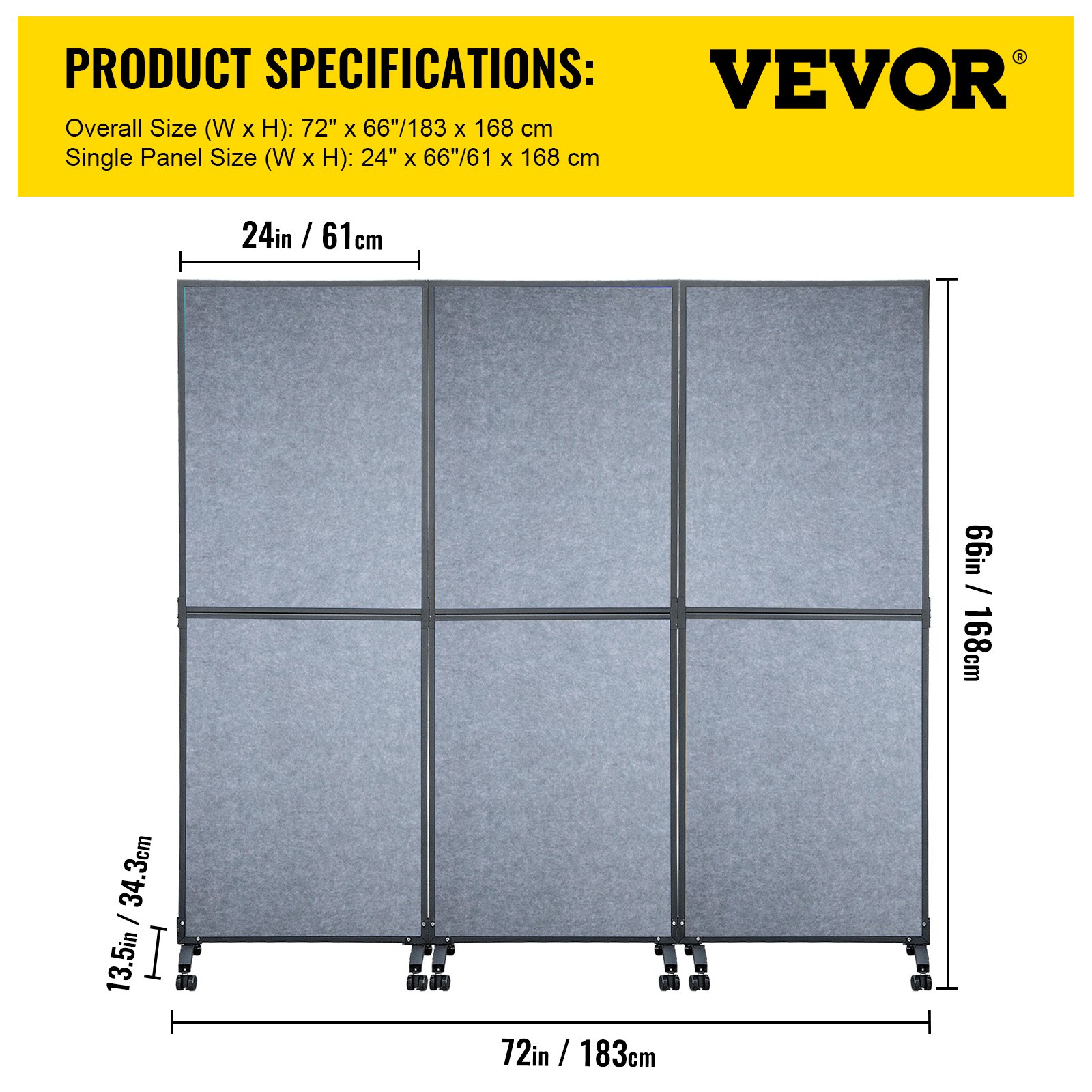 Divisor de ambientes acústico VEVOR con dimensiones: 72&quot; x 66&quot;, cada panel 24&quot; x 66&quot;.