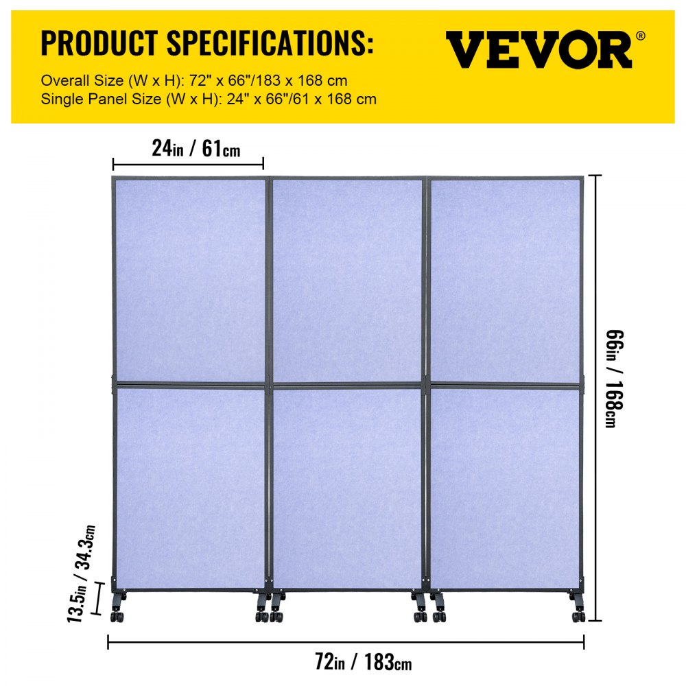 Divisor de ambientes acústico VEVOR con dimensiones de 72x66 pulgadas y 24x66 pulgadas por panel.