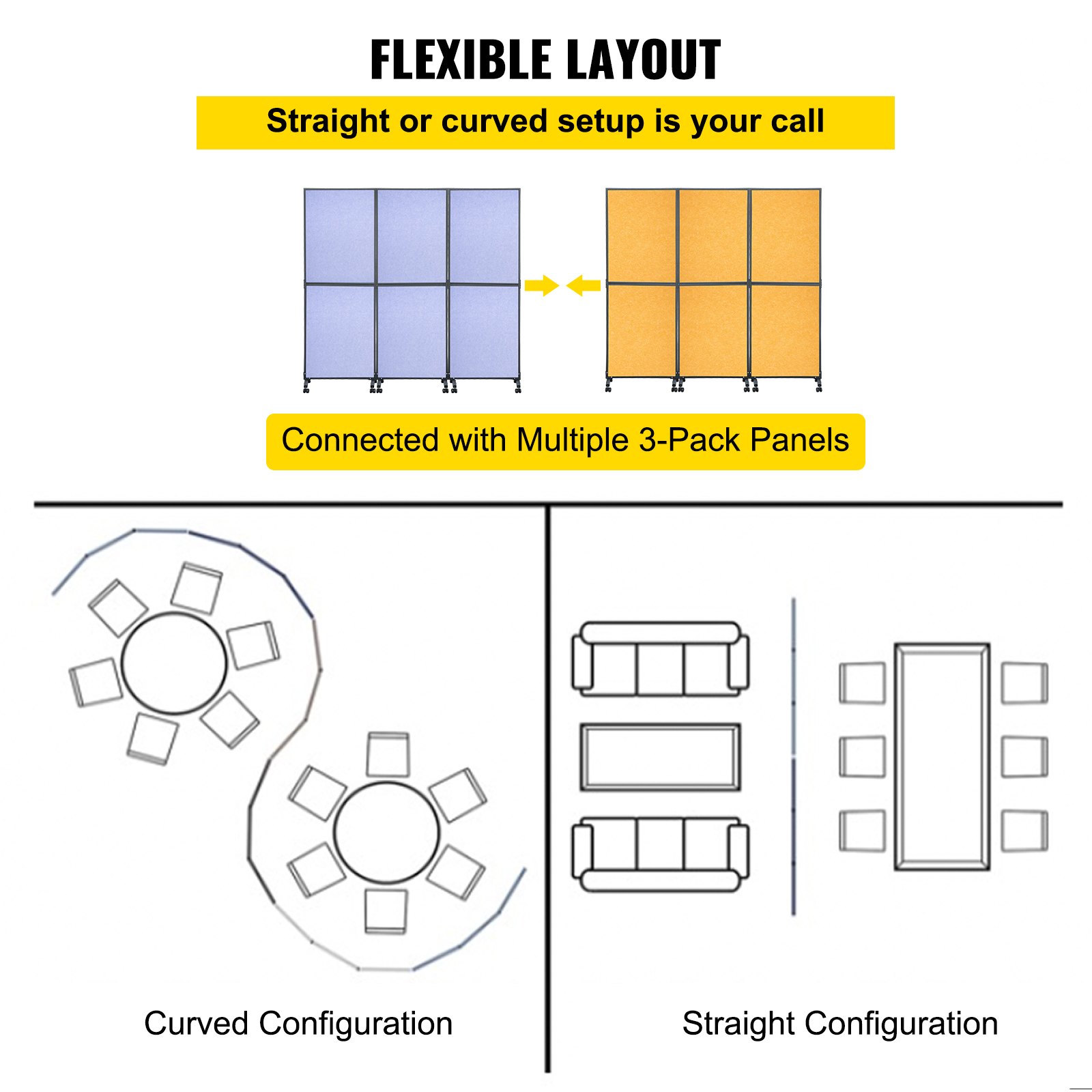 Divisor de ambientes acústico VEVOR de diseño flexible en configuraciones curvas y rectas.
