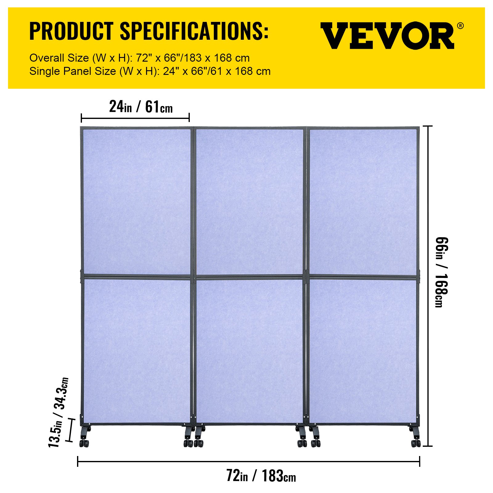 Divisor de ambientes acústico VEVOR con dimensiones de 72x66 pulgadas y 24x66 pulgadas por panel.