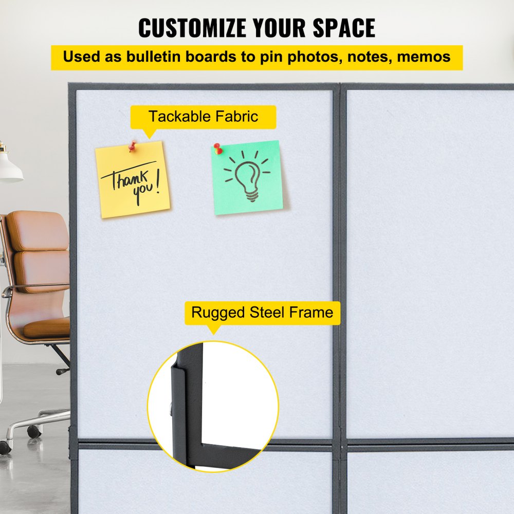 Divisor de ambientes acústico VEVOR con tela fijable y marco de acero resistente en configuración de oficina.