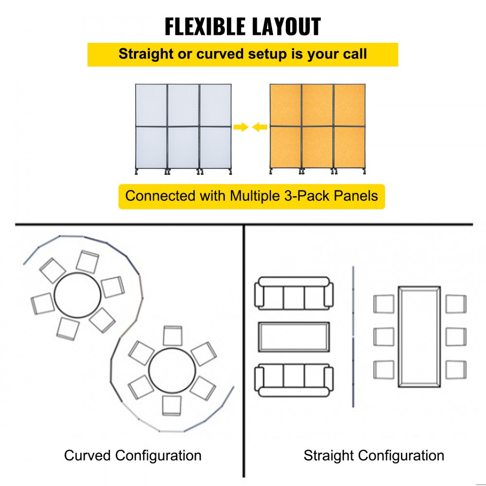 Divisor de ambientes acústico VEVOR; configuración recta o curva con múltiples paneles de 3 paquetes.