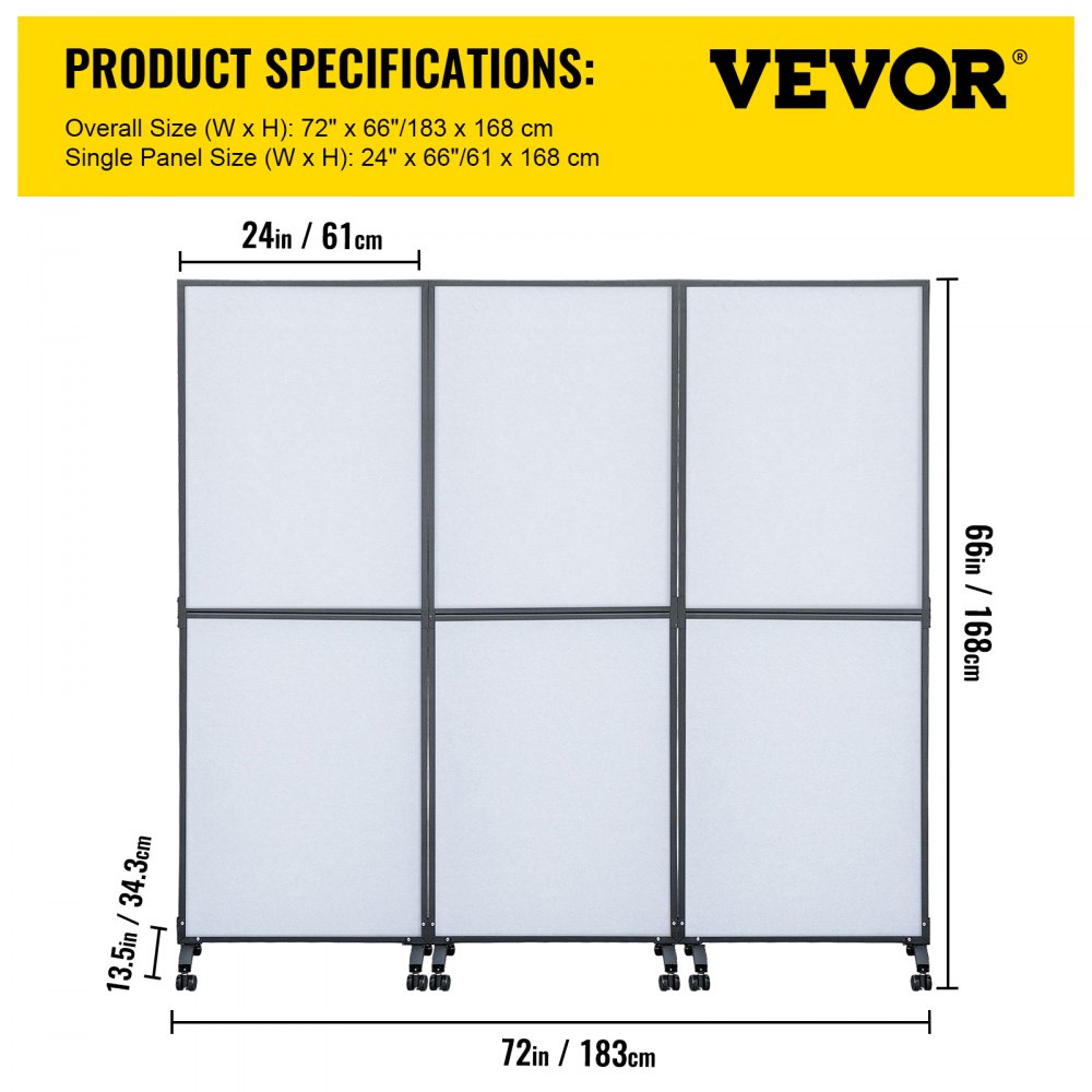 Divisor de ambientes acústico VEVOR con dimensiones y especificaciones del producto en pancarta amarilla.