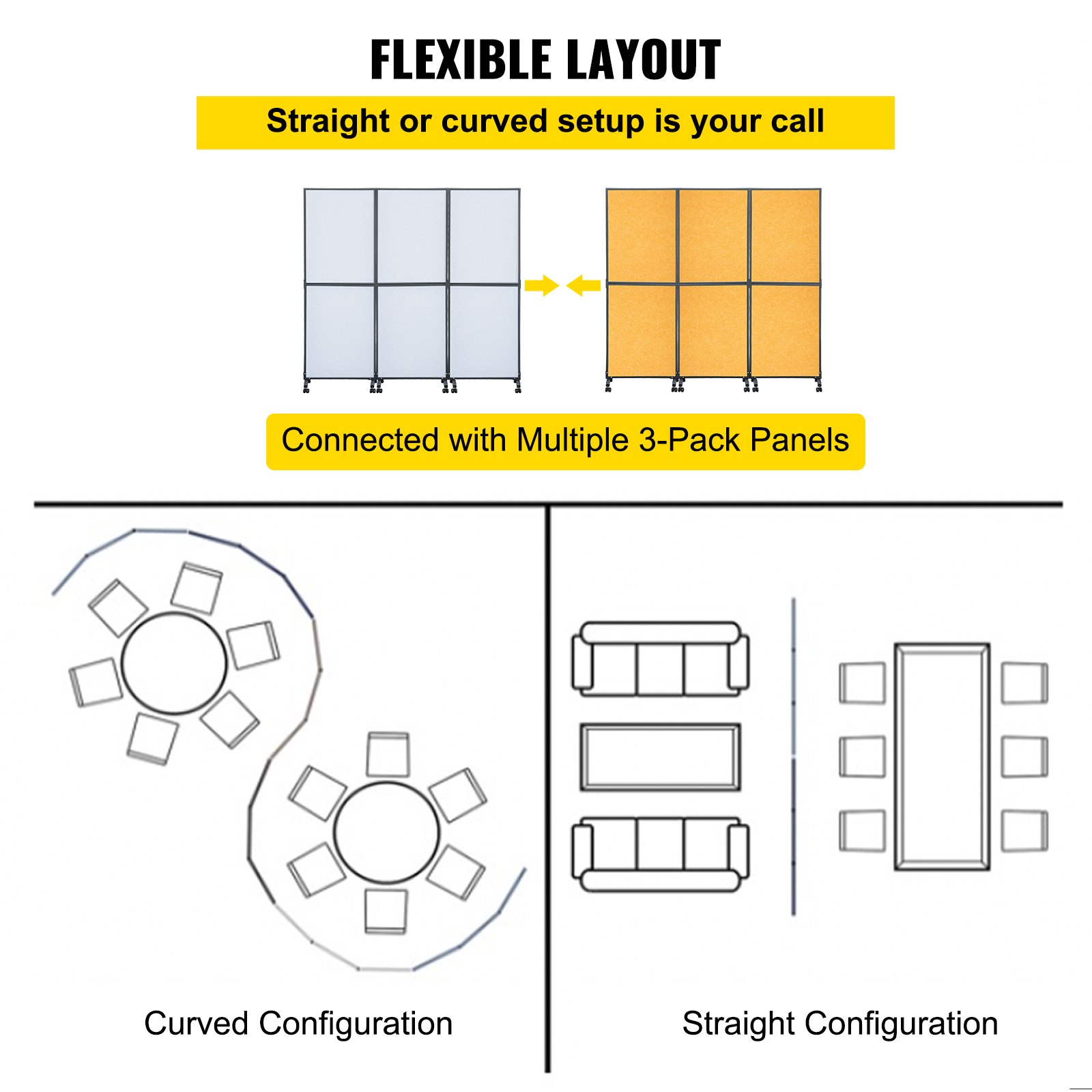 Divisor de ambientes acústico VEVOR; configuración recta o curva con múltiples paneles de 3 paquetes.
