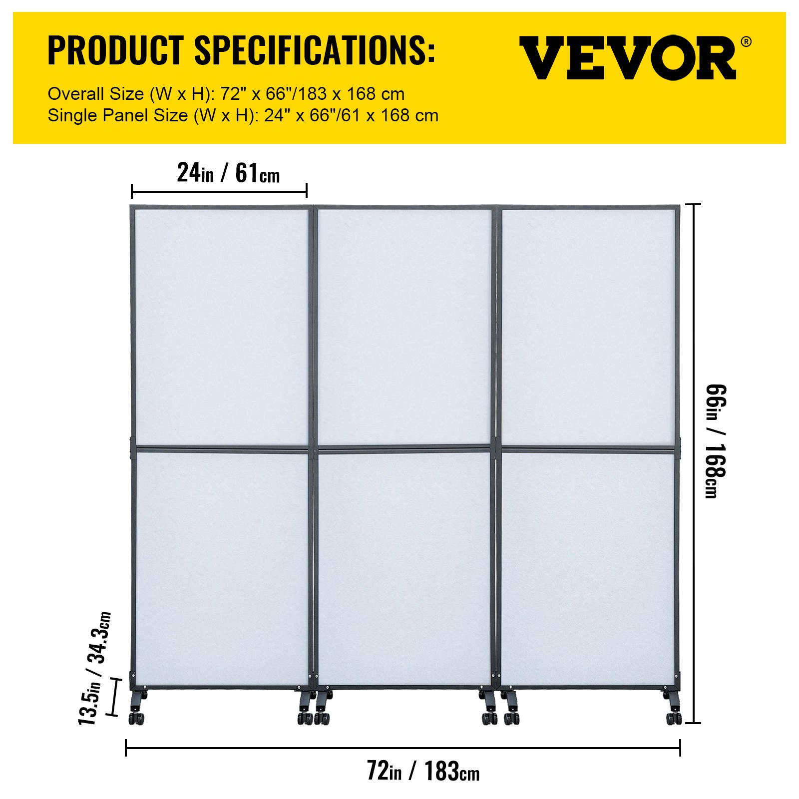 Divisor de ambientes acústico VEVOR con dimensiones y especificaciones del producto en pancarta amarilla.